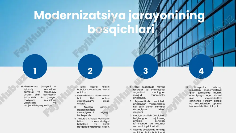 kompaniyaning samaradorligi va raqobatbardoshligini oshirish maqsadida yangiliklar kiritiladi. nazorat va baholash nazorat jarayoni tashkilotning moliyaviy resurslarini samarali boshqarish uchun muhimdir. bu jarayon moliya manbalarini to'g'ri taqsimlash va ulardan optimal foydalanuvchi strategiyalarni ishlab chiqishga yordam beradi. nazoratning asosiy maqsadi - resurslarni o'z vaqtida va samarali nazorat qilishdir, bu esa moliyaviy barqarorlikni ta'minlaydi. moliyaviy resurslarni nazorat qilishning ahamiyati juda katta. u tashkilotning moliyaviy holatini doimiy ravishda kuzatib borish, kamchiliklarni aniqlash va moliyaviy rejalashtirish jarayonida muhim rol o'ynaydi. shuningdek, bu jarayon tashkilotning maqsadlariga erishishda muhim yo'nalishlarni belgilashga imkon beradi. natijalarni baholash va tahlil qilish jarayoni moliyaviy ko'rsatkichlar va boshqa muhim ma'lumotlarni o'z ichiga oladi. bu jarayon natijalarning samaradorligini o'rganish, tahlil qilish va kelajakdagi strategiyalarni aniqlashga yordam beradi. natijalar asosida tashkilot o'z faoliyatini yaxshilash va yangi imkoniyatlar izlash imkoniyatiga ega bo'ladi. olingan natijalarga asoslanib, kelajakdagi rejalar haqida qisqacha ma'lumot berish muhim. tashkilot, o'z natijalarini hisobga olib, yangi strategiyalarni ishlab chiqishi, resurslarni yanada samarali taqsimlashi …