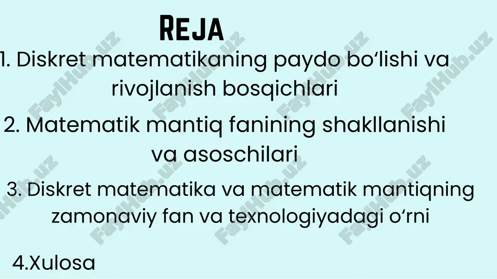 da qaror qabul qilish tizimlari, shuningdek raqamli elektron sxemalarda asosiy rol o‘ynaydi. mantiqiy fikrlash insonni tizimli va aniqlikka asoslangan qarorlar qabul qilishga o‘rgatadi. shunday qilib, diskret matematika va matematik mantiq zamonaviy texnologiyalarni ilmiy jihatdan asoslab beruvchi, yangi texnik va intellektual yutuqlarga yo‘l ochuvchi fanlardir. ularning o‘rni nafaqat nazariy, balki amaliy hayotda ham beqiyosdir. tatbiqlari dasturlash va algoritmlar yaratishda; kompyuter arxitekturasi va tarmoqlarni loyihalashda; sun’iy intellekt va mashinaviy o‘rganish tizimlarida; ma’lumotlarni kodlash va shifrlashda (kriptografiya); ma’lumotlar bazasini tuzish va boshqarishda. foydalanilgan adabiyotlar 5. kuratowski k., introduction to set theory and topology, – warsaw: pwn, 1966. → to‘plamlar nazariyasi orqali diskret tuzilmalar haqida tarixiy va nazariy ma’lumotlar beradi. 6. xolmatov a. a., diskret matematika asoslari, – toshkent: o‘zbekiston milliy universiteti nashriyoti, 2020. → o‘zbek tilida yozilgan zamonaviy manba bo‘lib, tarixiy ma’lumotlar ham keltirilgan. 7. qodirov b. m., matematik mantiq va algoritmlar nazariyasi, – toshkent: fan va texnologiya, 2018 xulosa diskret matematika va …