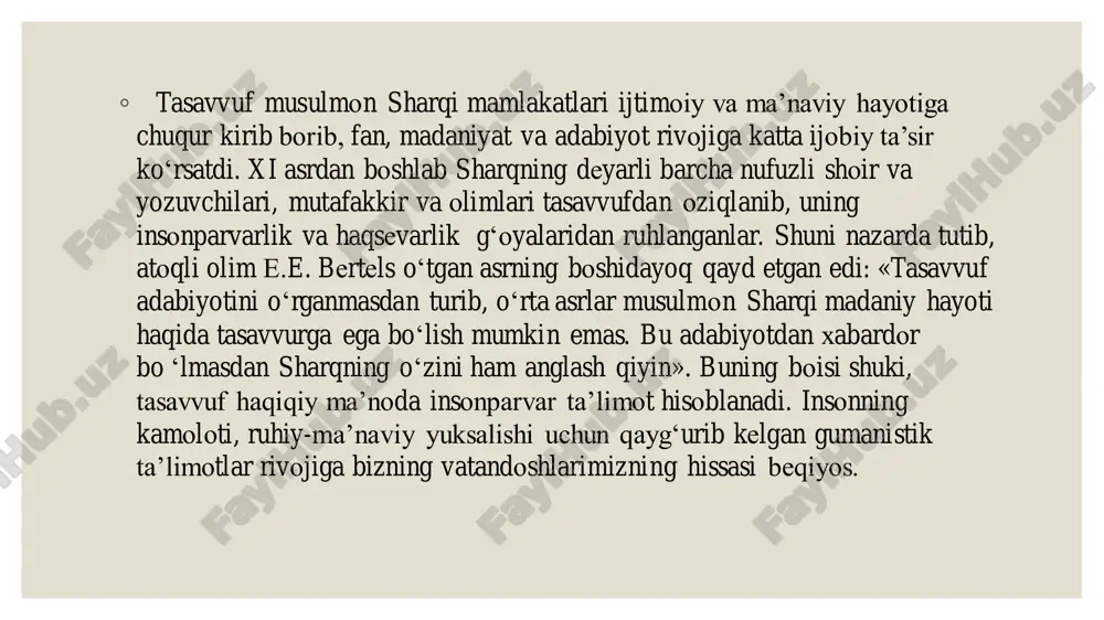 aga chiqaruvchi omillardandir. shuningdek, tasavvufda bay’at — mohir tarbiyachi, ulug` ustozga ergashish ehtiyoji tug`iladi. tasavvufda bay’at rasulullohning sunnatlarini mahkam bog`lagan hakim suhbatida bo`lish, uning tavsiya va nasihatlarini qabul qilish va o`z hayotiga tatbiq etishdir. bu haqda "faqrnoma"da aytiladi: "shunday pirga qo`l berki, u shariatda orifi billoh bo`lsa, tariqatda voqifi asror bo`lsa, haqiqatda komilu mukammal bo`lsa, ma’rifatda daryoi ummon bo`lsa... saodat bo`lg`ay". muhammad nurulloh saydo al-jazariyning «tasavvuf sirlari» asarida tasavvuf haqida shunday ta’rif kelgan edi: «insonning ma’naviy olamini isloh etadigan, buzilgan qalblarning muolajasi uchun eng ta’sirli bo`lgan, insonni haqiqatlar atrofiga to`playdigan o`ta foydali va mustaqil ilmdir". demak, tasavvuf poklanish ilmi bo`lsa, uni ikkiga ajratib o`rganish mumkin: maqbul ko`rilgan tazkiya va rad etilgan tazkiya. tasavvuf maqbul ko`rilgan tazkiya (aybdan oqlash, oqlanish) va tasviya (poklash, tarbiyalash)dir ◦ ◦ husayn voiz koshifiyning «futuvvatnomai sultoniy» asarida bunday so`zlar bor: «agar tasavvuf nimadir, deb so`rasalar, aytginki, bu savolga berilgan javoblar bir qancha. birinchidan, tasavvufni taxliya, ya’ni …