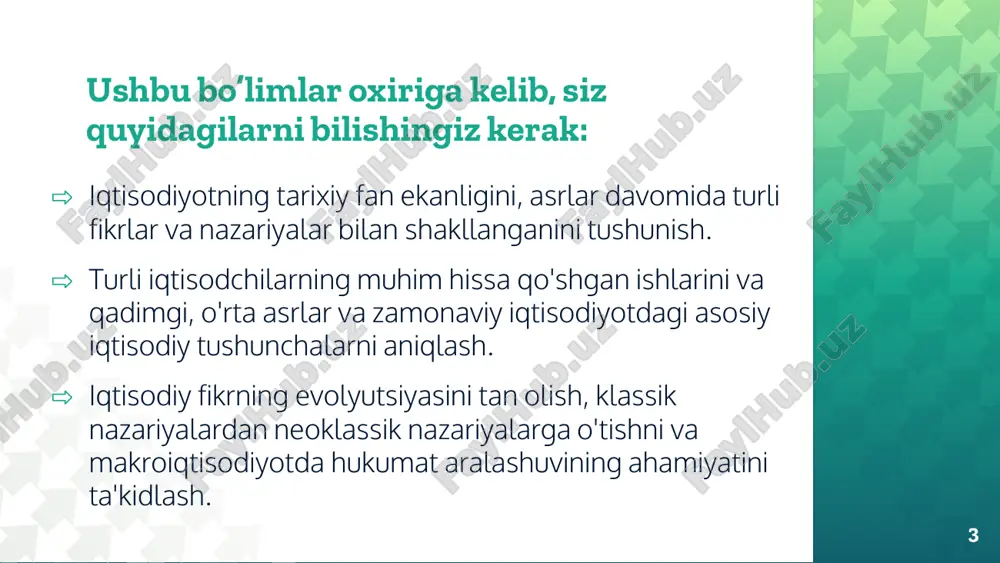 , davlat roli) iqtisodiy fikrlarning tarixiy davrlari 12 ⇨ qadimiy davr vaqt davri: taxminan miloddan avvalgi 3000 yildan milodiy 500 yilgacha ⇨ klassik davri vaqt davri: 18-asrning oxiri - 19-asrning o‘rtalari (taxminan 1776 dan 1870 gacha) ⇨ zamonaviy davr vaqt davri: 19-asrning oxiri - hozirgi kungacha (taxminan 1870 dan hozirgacha) 13 14 eng qadimiy iqtisodiyotlarda qo'l mehnati va kasbchilik turlari cheklangan bo'lsa-da, ularning hayoti uchun muhim ahamiyatga ega edi. qo'l mehnati turlari: • dehqonchilik: odamlar oziq-ovqat ishlab chiqarish uchun qo'l mehnatiga asoslangan dehqonchilik bilan shug'ullanishgan. yerni o'z qo'llari bilan ishlashgan, don ekish, hosil yig'ish, hayvonlarni boqish va h.k. dehqonchilik usullari: o'roqlar, tursaklar, belkurak va h.k. kabi vositalardan foydalanishgan. sug'orish: daryo va manbalar suvlarini ishlatib, yerlarni sug'orish tizimlari yaratilgan. • ovchilik va yig'uvchilik: ov va o'simliklarni yig'ish ham muhim ishlab chiqarish shakllari bo'lgan. ov vositalari: nayzalar, kamon va o'qlar, tuzoqlar va h.k. yig'uvchilik: mevalar, rezavorlar, ildiz mevalari va boshqa o'simliklarni yig'ish. …