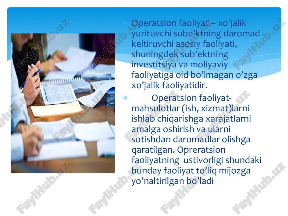 sitalar) bilan ta'minlanganligi asosiy fondlarni texnik holati asosiy fondlardan samarali foydalanish 4.4. asosiy fondlarning tarkibi, holati va ulardan samarali foydalanishni tahlili fond samarasi quyidagi formula orqali ifodalanadi fs = tm (st) : af ; bunda: fs - fonddan olinadigan samara; tm (st) –tovar mahsuloti ( sof tushum) hajmi; af - asosiy fondlarning qiymati. t fond sig„imi quyidagi formula orqali ifodalanadi fond sig‟imi = af / tm (st) bunda: fs - fonddan olinadigan samara; tm (st) –tovar mahsuloti ( sof tushum) hajmi; af - asosiy fondlarning qiyma 4.5. korxonalari moddiy resurslar bilan ta’minlanishi va ulardan samarali foydalanishni tahlil qilish mehnat buyumlari omillari tarkibida o‟rganiladigan masalalar korxonani moddiy resurslar bilan ta'minlangaligi moddiy resurslardan samarali foydalanish material samarsini quyidagi formula orqali ifodalash mumkin: ms = tm( st) : mx bunda: ms - materiallar samarasi; tm (st) - tovar mahsuloti (sof tushum) hajmi; mx - moddiy xarajatlar. r material sig‟imini quyidagi formula orqali ifodalash …