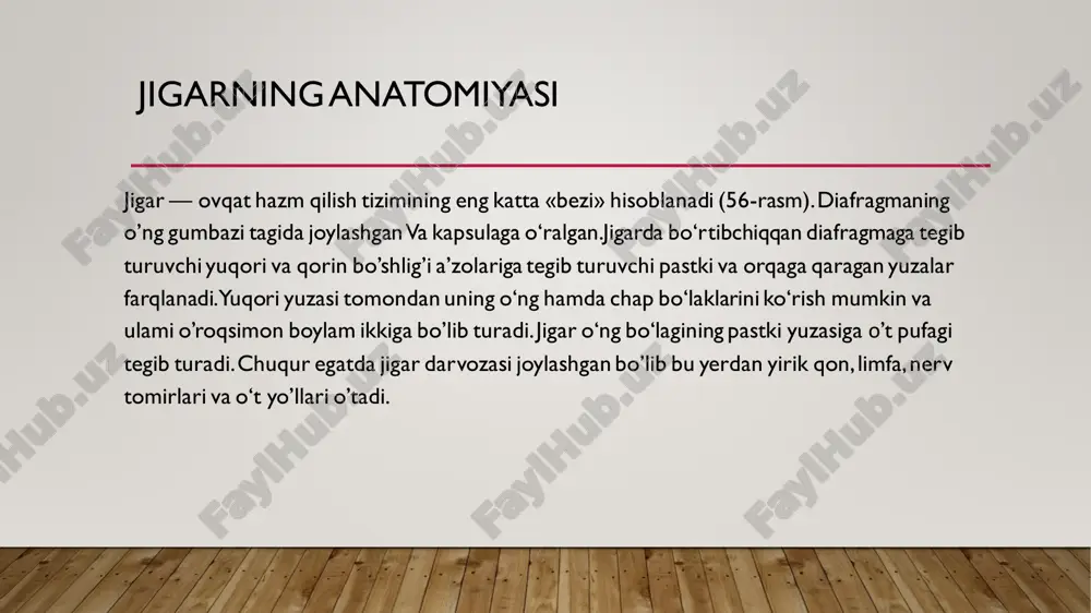 da qulay hisoblanadi umumiy o’t yo’li jigaming darvozasidan chiqadi. o’t pufagi yo’li uning bo’yinchasi davomi hisoblanadi. xaysteming spiral qopqoqchalari o‘t yo‘li ichida joylashgan. ular o‘t pufegiga o‘t suyuqligi kelib tushishida va ipnyap o‘t chiqarilishida ishtirok etadi. 04 pufagining tor qismi (bo’yinchasi) o‘t yo‘liga ochiladi, u esa jigar yo‘li bilan qo‘shilib jigaming umumiy yo‘lini hosil qiladi jigarda ishlab chiqarilayotgan o‘t suyuqligi o‘t pufegiga o‘t yo‘li orqali tushadi va u orqali chiqariladi. 0 ‘n ikki barmoqli ichakka ovqatning oshqozondan tushishi natijasida o‘t pufegidagi o‘tning ingichka ichakka chiqarilishi rag‘batlantiriladi tekshirish usullari 1. soʻrab-surishtirish 2. koʻzdan kechirish soʻrab-surishtirish usuli jigar va o‘t yo‘llari kasalliklariga chalingan bemorlar turli xil shikoyatlar bildiradilar. ulami shartli ravishda jigarga aloqador va unga bog‘liq bo‘lmagan ikki guruhga bo‘lish mumkin.. asosiy ya ’ni jigarga aloqador shikoyatlarga quyidagilar kiradi: ❖ qorindagi og’riqlar; ❖ jigar dispepsiyasi; ❖terining qichishi; ❖ sariqlik (jumladan siydikningpivorangida va najasning rangsiz bo ‘lishi); ❖ qonli qayt qilish; ❖ qorin …