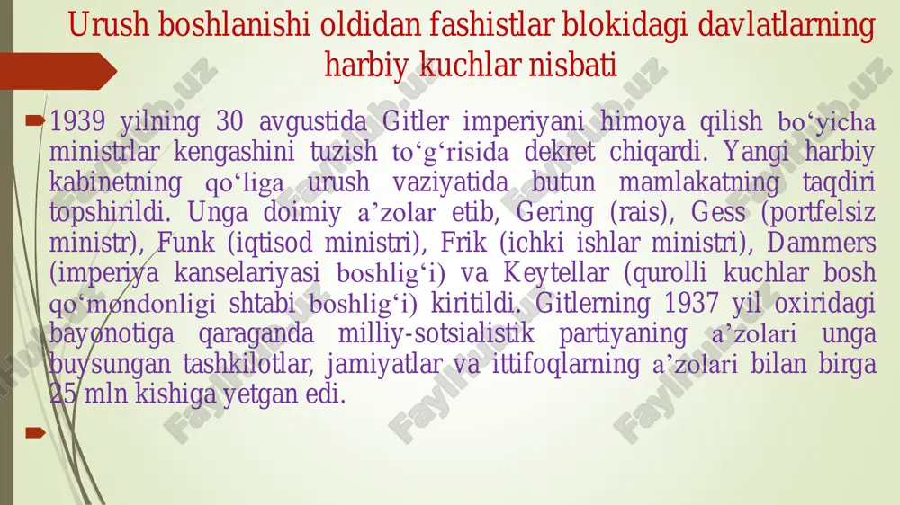 a o‘qildi. shunga o‘xshash sun’iy ig‘volar nemis va polyak chegaralarining bir qancha uchastkalarida ham uyushtirildi. «ishonchli» bo‘lishi uchun sschilar polyak harbiy kiyimi kiygizilgan kishilarni otib tashladi. bu kishilar soqchilar tomonidan konslagerlardan olib kelingan polyak mahbuslari edi. tez orada germaniya radiostansiyalari, polyak harbiylarning nemis chegaralariga hujum qilganligi to‘g‘risidagi shoshilinch xabar tarqatildi. ashyoviy dalil sifatidan otib tashlangan «polyak harbiylari» ko‘rsatildi.  1939 yilning 1 sentabri soat 4 dan 45 minut o‘tganda nemis-fashist aviatsiyasi polshaning aerodromlarini, barcha aloqa nuqtalarini iqtisodiy va ma’muriy markazlarini qattiq bombardimon qildi. quruqlikdagi qo‘shinlari shimoldan sharqiy prussiya orqali, g‘arbdan sharqiy germaniya orqali va janubdan slovakiya orqali polsha hududiga bostirib kirdi. germaniyaning linkori «shlezvig-golshteyn» oldindan polsha qirg‘oqlariga yaqinlashib kelgan edi va u vasterplyatt yarim oroliga qaratib o‘t ochdi. germaniyaning polshaga hujum qilishi bilan 2-chi jahon urushi boshlanib ketdi. ilgari polshaga yordam qilish majburiyatini olgan angliya va fransiya hukumatlari polshaga harbiy yordam ko‘rsatish o‘rniga germaniya qo‘shinlarining polshadan olib chiqib ketilishini, urush …