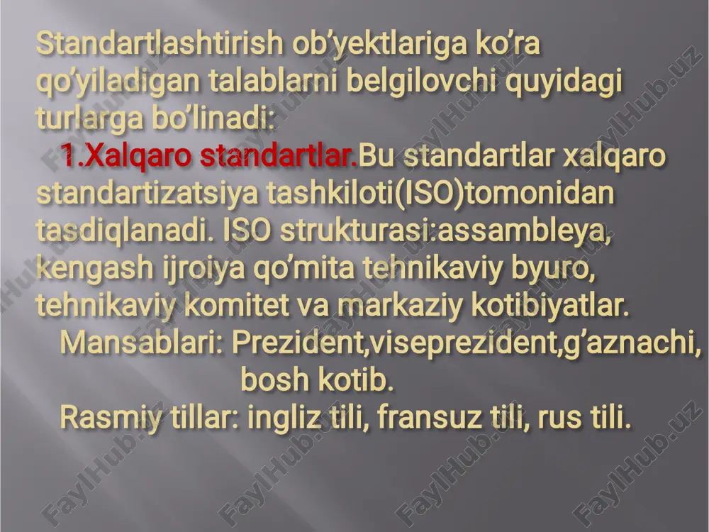 etish; 4-bosqich – standartni tasdiqlash va davlat ro’yxatidan o’tkazish. u xalqaro standartlarni, shu jumladan, 9000-turku -midagi standartlarni ham ishlab chiqish bilan shug’ullanadi. to’qqiz ming - ushbu standartga berilgan tartib raqamidir.standartlar turkumi deb atalishiga sabab, iso 9000 stansartidan tashqari, iso 9000 “sifat menejmenti” oilasiga kiruvchi yana iso 9001 va iso 9004 standartlari ham mavjud. u xalqaro standartlarni, shu jumladan, 9000-turku -midagi standartlarni ham ishlab chiqish bilan shug’ullanadi. to’qqiz ming - ushbu standartga berilgan tartib raqamidir.standartlar turkumi deb atalishiga sabab, iso 9000 stansartidan tashqari, iso 9000 “sifat menejmenti” oilasiga kiruvchi yana iso 9001 va iso 9004 standartlari ham mavjud. iso 9000-asosiy qoidalar,atama va ta’riflar lug’ati;� iso 9001-talablar;xalqaro standartlarga qo’yilgan talablar iso 9002 va iso 9003 standartlarida ham kengroq yoritilgan.� iso 9004 –yanada rivojlanish va faoliyatini yaxshilash bo’yicha tavsiyalar.� to’qqiz ming sonidan keyin yoziladigan to’rtlik sonlar,standartning qaysi yili qabul qilinganligini bildiradi.misol uchun,iso 9000:1987-bc 5750 bilan mos tushgan,uchta sifat nazoratimodelini o’zida mujassam etgan.iso 9000:1994;iso …