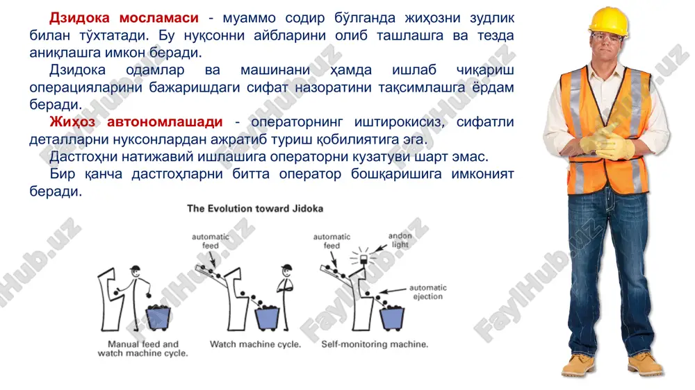 shuningdek datchikli press-forma (presslab buyum tayyorlashda ishlatiladigan qolip, andaza) ga joylashtiriladi. mobodo qandaydir og'ishlar bo'lsa press to'xtab qoladi. - shina ishlab chiqarishda, konverter (eritilgan cho'yan orqali havo o'tkazib po'lat hosil qiladigan pech) ga kauchuk (rezina) moddasi kelib tushmasa, bu jarayon avtomatik ravishda to'xtaydi. - konveyer lenta (tasma) si uzilgan taqdirda taranglik datchik (qabul qiluvchi va uzatuvchi ќurilma) ishga tushadi va liniya to'xtab qoladi. what – nima bu? when – qachon bo'lgan? why – bu nega kerak? who – kim nima bajaradi? where – qaerda qo'llaniladi? how – qanday bajariladi? avtonomlashtirish printsipi (tartibi) sifatida, har hil asboblarni qo'llash orqali, turli yo'llar bilan amalga oshirilishi mumkin: - metodologik jihatdan – dfm (design for manufacturability, ishlab chiqarish uchun loyixalashtirish), fmea (failure mode and effects analysis, to'xtab qolish va buzilish oqibatlarini taxlili) rca (root cause analysis, aniq (tub) sabablarni tahlili) va boshqalar. - amaliy jihatdan – shnur yoki doska (andon) dagi lampa yordamida, source …