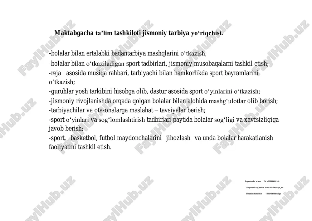 “baxtli bolalarmiz” bayramida jismoniy chiqishlar. tashkilot ijodiy guruhi o‘tkazilib bayonnoma rasmiylashtiriladi. 2-hafta:gullar va qushlar qiziqarli jismoniy hordiq-“harakatli o‘yinlar o‘ynaymiz” jis. tarb.y. tarbiyachi, mus.rahb,x amshira. o‘tkazilib bayonnoma rasmiylashtiriladi. 3-hafta:tabiat qo‘ynida 16.06.olimpiya yugurish kuniga bag‘ishlangan sport musobaqalari jismoniy tarbiya yo‘riqchisi, tarbiyachi.xamshira. o‘tkazilib bayonnoma rasmiylashtiriladi. 4-hafta: ertak qahramonlari bizning mehmonimiz “ertak huzurida mehmonda” jismoniy hordiq quvnoq estafetalari. jis. tarb.y. tarbiyachi, mus.rahb, x amshira. o‘tkazilib bayonnoma rasmiylashtiriladi. mashg‘ulot ishlanmasi “gulzorda”mashg‘ulot ishlanmasi jismoniy tarbiya , xamshira. o‘tkazilib bayonnoma rasmiylashtiriladi. katta guruh oy mavzusi hafta mavzusi mavzular ma’sul izoh iyun baxtli bolalik 1-hafta:baxtli bolalik “baxtli bolalarmiz” bayramida jismoniy chiqishlar. tashkilot ijodiy guruhi o‘tkazilib bayonnoma rasmiylashtiriladi. 2-hafta:gullar va qushlar “gullar saltanida” sport-ko‘ngil ochish soati. jis. tarb.y. tarbiyachi, mus.rahb,x amshira. o‘tkazilib bayonnoma rasmiylashtiriladi. 3-hafta:tabiat qo‘ynida olimpiya yugurish kuniga ba- ishlangan sport musobaqalari jismoniy tarbiya yo‘riqchisi, tarbiyachi.xamshira. o‘tkazilib bayonnoma rasmiylashtiriladi. 4-hafta: ertak qahramonlari bizning mehmonimiz 23.06.xalqaro olmpiada kuniga bag‘ishlangan sport-ko‘ngil ochish tadbiri. jis. tarb.y. tarbiyachi, mus.rahb, x amshira. o‘tkazilib …