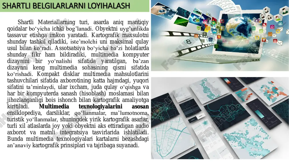 i. ana’naviy kartalardan farq qilgan holda, raqamli kartalarda joylashtirilgan matnlar haqida interaktiv tartibda ma’lumot beruvchi va ularni ekranga chiqarish imkonini beruvchi dasturlar mavjud. ular oddiy tekstdagi snoska (soha ostidagi izoh) va izohlarga teng, lekin multimedia variantida shunday paydo bo‘ladiki, qachon foydalanuvchi bunga muhtoj bo‘lsa. kursorni ajratib qo‘yilgan so‘zga olib kelinsa (terishinga) yordam chiqadi (“suzib chiqadi”). ekranda multimedia texnologiyalari katta hajmdagi axborotni va badiiy, ilmiy tavsiflarni yashiradi, video materiallar bilan matnlar, diagrammalar va fotosuratlarni shifrlash, kartalarga turli ko‘rinishlar kiritgan. bundan tashqari tovushli “yordam berish” uchun ham ishlatiladi, masalan, turistik kartada arxetektura obyektining sazovor joyini tasvirlash uchun kursor bilan ko‘rsatiladi, uning nomi inshoot yo‘li va arxetektura nomi bilan namoyon bo‘ladi. musiqiy tovushlar yordamida mamlakat madhuyasining yangrashi yoki qushlar va yovvoyi hayvonlar joylashgan qo‘riqxonadagi o’sh hayvonlarning ovozini berish mumkin. obzor kartalarda punktlar berilgani, ular haqidagi batafsil ma’lumot berilishini anglatadi va maxsus belgilar (rejalar yoki yirik masshtabdagi kartalar, fotosuratlar, suratlar, panoramalar) bilan ajratiladi. shahar …