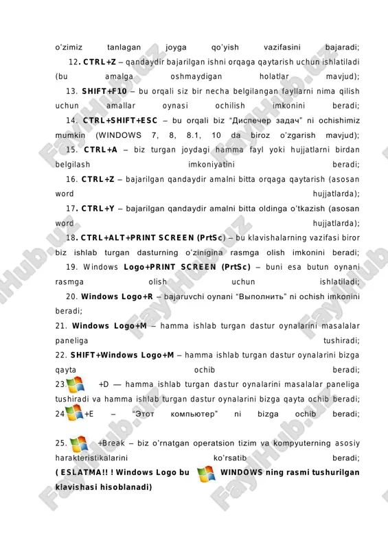 atlarda); 18. ctrl+alt+print screen (prtsc) – bu klavishalarning vazifasi biror biz ishlab turgan dasturning o’zinigina rasmga olish imkonini beradi; 19. windows logo+print screen (prtsc) – buni esa butun oynani rasmga olish uchun ishlatiladi; 20. windows logo+r – bajaruvchi oynani “vipolnit” ni ochish imkonini beradi; 21. windows logo+m – hamma ishlab turgan dastur oynalarini masalalar paneliga tushiradi; 22. shift+windows logo+m – hamma ishlab turgan dastur oynalarini bizga qayta ochib beradi; 23. +d — hamma ishlab turgan dastur oynalarini masalalar paneliga tushiradi va hamma ishlab turgan dastur oynalarini bizga qayta ochib beradi; 24. +e – “etot kompyuter” ni bizga ochib beradi; 25. +break – biz o’rnatgan operatsion tizim va kompyuterning asosiy harakteristikalarini ko’rsatib beradi; ( eslatma!! ! windows logo bu windows ning rasmi tushurilgan klavishasi hisoblanadi)