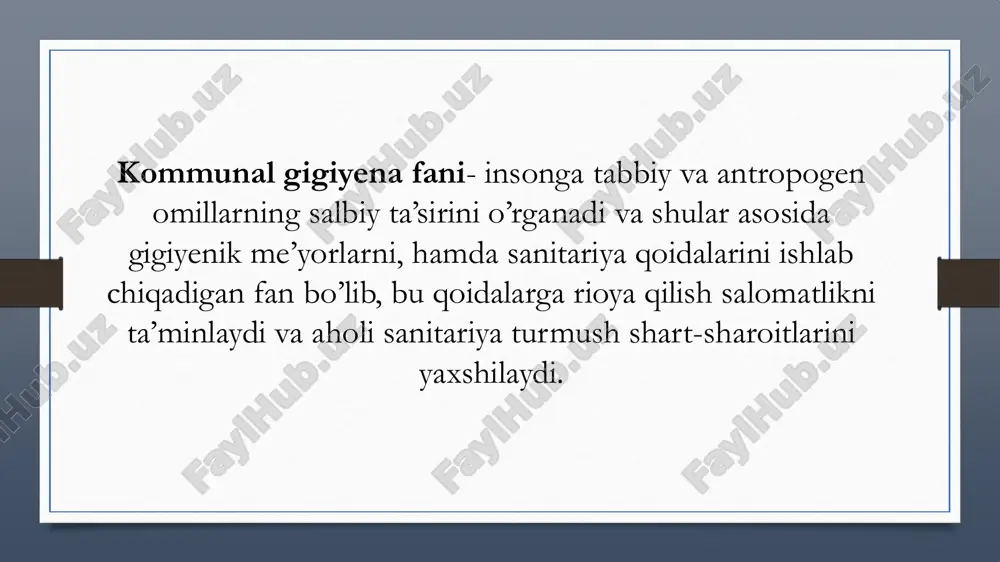 osini ifloslantiruvchi manbalarni joylashtirishga va ishlatilishiga qo‘yiladigan gigiyenik talablar, atmosfera havosini sanitar muhofazalashga qaratilgan profilaktik chora-tadbirlar, atmosfera havosining tozalik darajasini nazorat qilish usullari, atmosfera havosini ifloslantiruvchi moddalarni gigiyenik me’yorlashtirish o‘rganiladi 5. turar joy, umumjamoa, madaniy-maishiy va davolash profilaktika muassasalari, sport va sog‘lomlashtirish muassasalari gigiyenasi. bunda turar joy binolari ichki omillarining inson uchun optimal darajasi (havo harakati, nisbiy namlik, havo harorati, xonaning radiatsion rejimi), davolash profilaktik muassasalarini loyihalashtirish, obodonlashtirish va jihozlanishiga qo‘yiladigan talablar, madaniy- maishiy muassasalarni (hammom, kirxona, sartaroshxona, kinoteatr, teatr, sirk va boshqalar) loyihalashtirish, obodonlashtirish va jihozlanishiga qo‘yiladigan talablar, sport inshoaolarini (suzish havzalari, sport komplekslari va zallari) loyihalashtirish, obodonlashtirish va jihozlanishiga qo‘yiladigan talablar qaraladi. 6. aholi turar joylarini loyihalashtirish (rejalashtirish, joylashtirish) gigiyenasi bu bo‘limda aholi turar joylarini rejalashtirishda tabiiy-iqlim sharoitlarining ahamiyati va ularni rejalashtirishda hisobga olish, aholi turar joylarida funksional mintaqalar, aholi turar joylari hududlarida 118 seliteb mintaqani rejalashtirish va qurilishga qo‘yiladigan gigiyenik talablar, aholi turar joylaridagi fizik omillar (tebranish, …