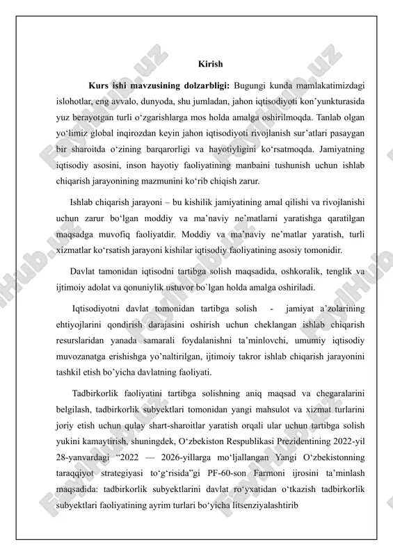 aruriyatlarining asoslari 2. korxonalar faoliyatini davlat tomonidan tartibga solish turlarining tasnifi 4 3. korxonalar faoliyatini davlat tomonidan tartibga solishning shakllari va uslublari 4. korxonalar faoliyatini davlat qo’llab-quvvatlash va rag’batlantirishlar belgilanib olindi. kurs ishining tarkibiy tuzilishi: mazkur kurs ishi kirish asosiy qism asosiy qism esa to’rtta rejadan tashkil topgan bo’lib hamda xulosa va foydalanilgan adabiyotlar ro’yxatidan tashkil topgan. 1. korxonalar faoliyatini davlat tomonidan tartibga solish zaruriyatlarining asoslari o’zbekiston respublikasida bosqichma-bosqich amalga oshirilayotgan islohotlar natijasida tadbirkorlikning iqtisodiyotdagi ulushi mutasil oshib bormoqda. tadbirkorlikni va korxonalar faoliyatini rivojlantirish mamlakatimizda yangi ish o’rinlarini yaratish, yalpi ichki maxsulot hajmini oshirish va byudjetga soliq tushumlarini ko’paytirishda katta tadbirkorlik va korxonalar faoliyatini tartibga solish bo’yicha kompleks chora-tadbirlar bosqichma-bosqich amalga oshirib kelinmoqda. dastlab, tadbirkorlik va korxonalar faoliyatini takomillashtirish uchun me’yoriy-huquqiy baza yaratildi. ular qatorida o’zbekiston qonunlari , prezident farmonlari, o’zbekiston respublikasi vazirlar maxkamasi qarorlari va shu kabi qonunchilik xujjatlari kiradi. tadbirkorlik va korxonalar faoliyati rivojlanishiga bevosita ko’mak beruvchi, uni …