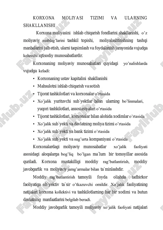 dagilardan iborat – foyda va amortizasiya ajratmalar , foyda to’liqligicha korxona ixtiyorida qolmaydi, uning bir qismi soliqlar va soliqli to’lovlar ko’rinishida byudjetga tushadi. korxona ixtiyorida qoluvchi foyda jamg’arish va iste`mol maqsadlariga yo’naltiriladi • jamg’arishga yo’naltirilgan foyda ishlab chiqarishni rivojlantirishga ishlatiladi va korxona mulkini ko’payishiga olib keladi • iste`molga yo’naltirilgan foyda ijtimoiy vazifalarni yechishga xizmat qiladi foyda turli mulk shakllaridagi xo’jalik sub`yektlari tomonidan yaratilayotgan pul jamg’armalarining asosiy qismini puldagi ifodasi bo’lib, iqtisodiy kategoriya sifatida korxona tadbirkorlik faoliyatining moliyaviy natijasini ifodalaydi foyda quyidagilarni aks ettiruvchi ko’rsatkich: • ishlab chiqarish samaradorligi • ishlab chiqarilgan mahsulotning hajmi va sifati • mehnat unumdorligining holati • tannarx darajasi amortizasiya ajratmalari: • pul shaklida asosiy fondlarning ko’chgan bir qismidir. • investisiya jarayonining moliyaviy manbaidir. • asosiy fondlarning belgilangan me`yorda va muddat ichida o’tkaziladi. amortizasiya ajratmalarini o’tkazish usullari: • teng miqdorlarda o’tkazish. • bajarilgan ishlar hajmiga qarab. • amortizasiya muddatlarini hisobiga. foyda turli yo'nalishlar bo'yicha ajratiluvchi korxona ixtiyorida …