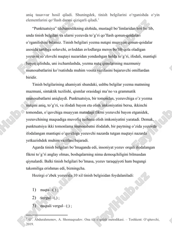hbu belgilar yozma matnning mazmuni, sintaktik tuzilishi, qismlar orasidagi ma’no va grammatik munosabatlarni aniqlaydi. punktuatsiya, bir tomondan, yozuvchiga o’z yozma nutqini aniq, to’g’ri, va ifodali bayon eta olish imkoniyatini bersa, ikkinchi tomondan, o’quvchiga muayyan matndagi fikrni yozuvchi bayon etganidek, yozuvchining maqsadiga muvofiq tushuna olish imkoniyatini yaratadi. demak, punktuatsiya ikki tomonlama munosabatni ifodalab, bir paytning o’zida yozuvda ifodalangan mantiqni o’quvchiga yozuvchi nazarda tutgan nuqtayi nazarda yetkazishdek muhim vazifani bajaradi. agarda tinish belgilari bo’lmaganda edi, insoniyat yozuv orqali ifodalangan fikrni to’g’ri anglay olmas, boshqalarning nima demoqchiligini bilmasdan qiynalardi. balki tinish belgilari bo’lmasa, yozuv taraqqiyoti ham bugungi takomiliga erishmas edi, bizningcha. hozirgi o’zbek yozuvida 10 xil tinish belgisidan foydalaniladi: 1) nuqta –(.) ; 2) vergul –(,) ; 3) nuqtali vergul– (;) ; 4) ikki nuqta – (:) ; 5) tire – ( –) ; 6) undov belgisi – (!) ; 7) so’roq belgisi – ( ?) ; 8) ko’p nuqta – (…) ; …