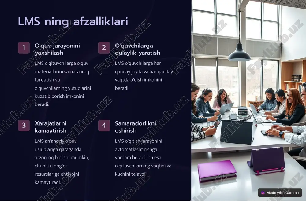 shtirish o'quv jarayonini qiziqarli va rag'batlantiruvchi qilish. 4 blokcheyn texnologiyasi o'quvchilarning yutuqlarini xavfsiz saqlash va ularga egalik huquqini berish. https://gamma.app/?utm_source=made-with-gamma lms tiximidan foydalanish bo'yicha xulosalar lms tizimlari zamonaviy ta'lim va ish joylarida o'quv jarayonini yaxshilash uchun zarur vositalardir. ular o'quvchilarning yutuqlarini kuzatib borish, o'quv materiallarini samarali taqdim etish va o'qitishni shaxsiylashtirish imkonini beradi. https://gamma.app/?utm_source=made-with-gamma