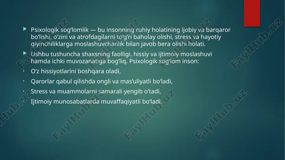 ifatiga ham salbiy ta’sir ko‘rsatadi. maslach burnout inventory (mbi) burnoutni o‘lchashda eng keng tarqalgan vosita hisoblanadi, biroq uning ayrim subyektiv va strukturaviy kamchiliklari mavjudligi haqida ham bahs yuritilgan. burnoutni kamaytirish uchun individual darajada stressni boshqarish ko‘nikmalarini rivojlantirish, ijtimoiy va professional qo‘llab-quvvatlash tizimlarini kuchaytirish muhim ahamiyatga ega. burnout sindromining oldini olishda institutlar va tashkilotlarning roli katta. shifokorlar va boshqa sog‘liqni saqlash xodimlari uchun o‘quv dasturlarida stressni boshqarish va o‘z-o‘zini parvarish qilish ko‘nikmalarini o‘rgatish zarur. shuningdek, ish muhiti sharoitlarini yaxshilash, ish yukini adolatli taqsimlash va psixologik yordam xizmatlarini yo‘lga qo‘yish ham muhim choralardandir. shaxsiy darajada esa sog‘lom turmush tarzini qo‘llabquvvatlash, muntazam jismoniy faollik va ruhiy salomatlikka e’tibor qaratish tavsiya etiladi. xulosa burnout sindromi nafaqat individual, balki tashkilot va jamiyat darajasida hal qilinishi kerak bo‘lgan murakkab muammodir. uning oldini olish va davolash uchun kompleks yondashuv zarur bo‘lib, bu jarayonda ta’lim muassasalari, ish beruvchilar va sog‘liqni saqlash tizimi hamkorlikda faoliyat yuritishi lozim. burnoutni aniqlash …