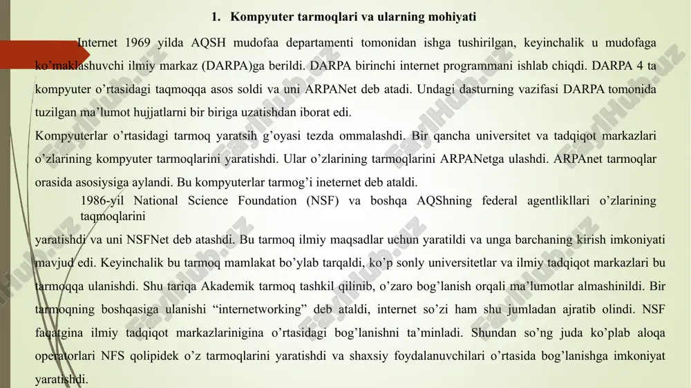 terlar o’z ma’lumotlarini xizmat joriy qilingan kompyuter boshqaruvi orqali qog’ozga chop qilishi mumkin; proksi server xizmati. bunda tarmoqqa ulangan barcha kompyuterlar xizmat joriy qilingan kompyuter boshqaruvi orqali bir vaqtda internet yoki boshqa xizmatlardan foydalanishi mumkin; kompyuter va foydalanuvchi boshqaruvi xizmati. bunda tarmoqqa ulangan barcha kompyuterlarning va ularda qayd qilingan foydalanuvchilarning tarmoqda o’zini tutishi hamda faoliyat yuritishi belgilanadi va nazorat qilinadi. 4. axborotni uzatish va qabul qilish. tarmoq har doim bir nechta komp’yuterlarni birlashtiradi va ulardan har biri o’z axborotlarini uzatish va qabul qilish imkoniyatiga ega. axborot uzatish va qabul qilish komp’yuterlar o’rtasida navbat bilan amalga oshiriladi. shuning uchun har qanday tarmoqda axborot almashinuvi boshqarib turiladi. bu esa o’z navbatida komp’yuterlar o’rtasidagi axborot to’qnashishi va buzilishini oldini oladi yoki bartaraf qiladi. kompyuterlar tarmoqlari tashkil etilgandan so’ng undagi barcha kompyuterlarning manzillari belgilanadi. chunki axborotlarni tarmoq orqali bir kompyuterdan boshqasiga uzatish kompyuter manzillari orqali amalga oshiriladi. jo’natilayotgan axborotga oddiy hayotimizdagi xat jo’natish jarayoni …