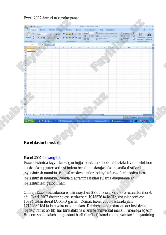 asining manzili a1 bo`lib, uning oxirgi katakchasi (pastki o`ng burchakda)ning manzili mos ravishda xfd1048576 ekanligi tushunarli. formulalar. exceldagi katakchalar o`zida matn, sonlar, formulalrni saqlashi yoki ularning barchasidan xoli bo`lishi mumkin. formulalar yordamida excel boshqa katakchalarda joylashgan ma`lumotlar asosida hisob-kitob ishlarini bajarish bo`yicha ko`rsatmalarni oladi. masalan a ustunida joylashgan dastlabki 10 ta sonni qo`shish formulasini tuzish mumkin (=summa1:a10). formulalarni tuzishda +(qo`shuv), -(ayiruv), *(ko`paytiruv) va /(bo`luv) standart arifmetik amallari ishlatiladi. bundan tashqari maxsus funksiyalarni ishlatish ham mumkin. bular kerakli natijaga osonlik bilan erishish imkonini beradi. masalan excel funksiyalari yordamida sonning kvadrat ildizini hisoblash, turli sonlarning faktoriallarini topish va hatto joriy vaqtni hisoblab topish ham mumkin. excel funksiyalari bilan ishlash keyingi boblarda ko`rib chiqiladi. aktiv katakcha va diapazonlar. excelda katakchalardan biri aktiv katakcha deb ataladi va uning chegaralari boshqalarinikidan ko`ra qalinroq bo`ladi. boshqa dasturlar bilan muvofiqlikni ta`minlash maqsadida biz bu holatni excel kursori deb ataymiz va aktiv katakchada kursor mavjud deb hisoblaymiz. kursor …