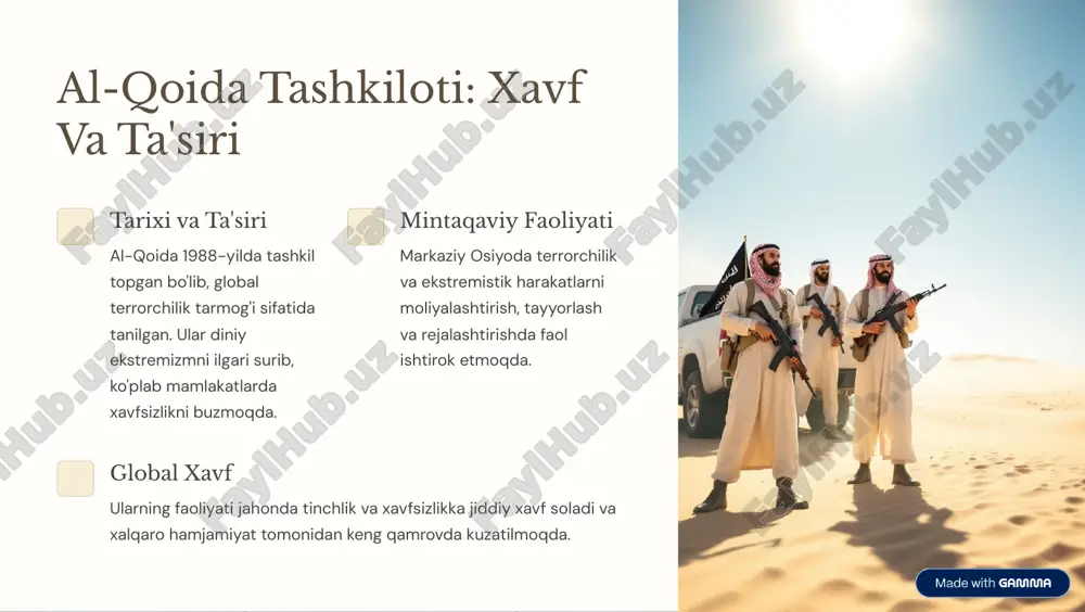 lajakda, markaziy osiyoda tinchlik va barqarorlikni ta9minlash uchun ekstremizmga qarshi kurashda qator yangi yondoshuvlar va amaliy dasturlar ishlab chiqilishi talab etiladi. https://gamma.app/?utm_source=made-with-gamma
