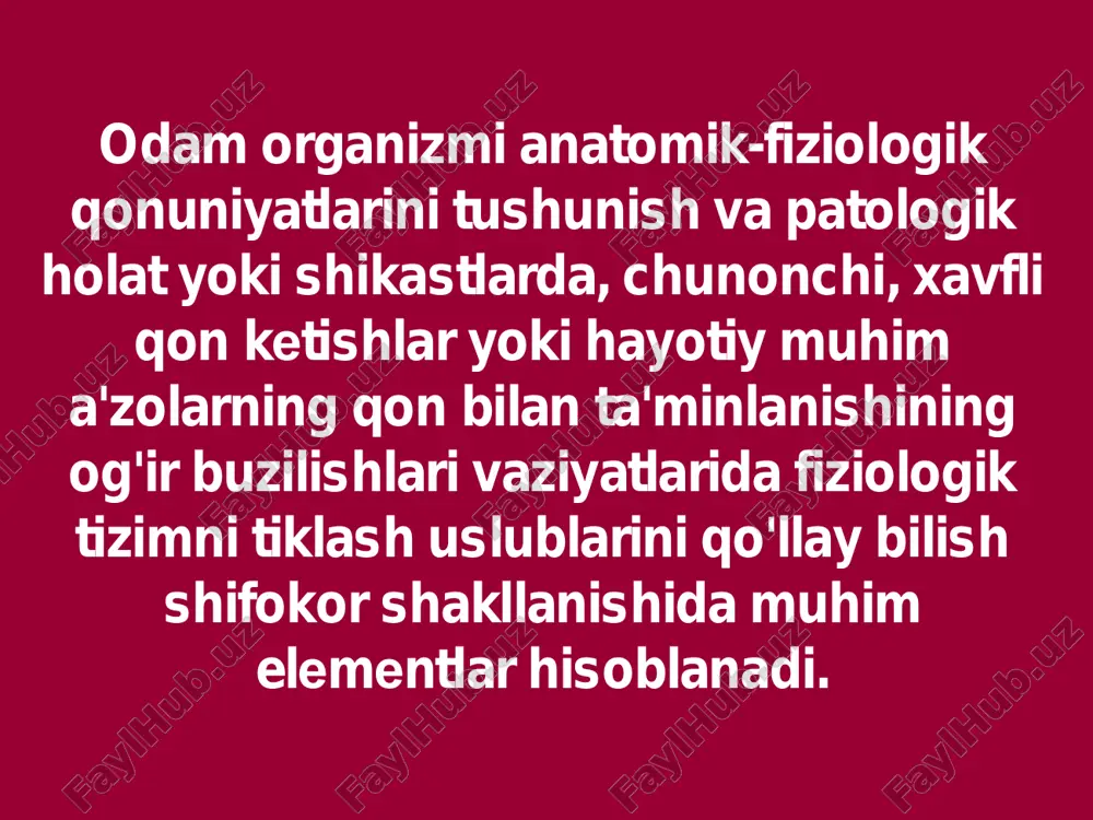 g'iloflari shu tomirlarning tevaragidagi muskul fassiyalari hisobiga hosil bo'ladi. ya'ni, muskul g'ilofining orqa devori shu muskul yonidan o'tuvchi tomir-nerv tutami g'ilofining oldingi devorini tashkil etadi. ikkinchidan, agar muskul g'ilofining tomir g'ilofiga aloqador bo'lgan qismi tortilsa, u holda tomirning g'ilofi uch qirrali prizma (ko'ndalang kesimda – uchburchak) shaklini oladi. bunda prizma qirrasidan biri oldinda, qolgan ikkitasi esa tomirlardan ichkarida va tashqarida joylashadi. uchinchidan, prizma g'ilofining cho'qqisi, odatda, to'g'ridan-to'g'ri yoki bilvosita, yaqindagi suyakka yoki bo'g'im qopchasiga birikkan bo'ladi. son sohasi (3 ta fassial g'ilof) boldir sohasi (3 ta fassial g'ilof) elka sohasi (3 ta fassial g'ilof) arteriyalarning qo'l va oyoqlardagi proeksion chiziqlari. kollateral qon aylanish. kollateral qon aylanish deganda, qon tomirning asosiy (magistral) poyasidan qon oqishi to'xtatilganda qonning qo'l-oyoq periferik qismlariga qon tomirning yonlama tarmoqlari va ularning o'zaro anastomozlari orqali etib kelishi tushuniladi. qon aylanish doirasidan ligatura qo'yish yoki tomir bo'shlig'i berkilishi oqibatida uzilgan qon tomir funksiyasini o'z zimmasiga oluvchi asosiy qon …