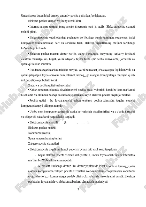 i mantiqan butun axborot hajmidir. elektron aloqa. e-mail bu ma‘lum elektron manzilda axborotni elektron usulda uzatish vositasidir. elektron aloqa tushunchasi oddiy aloqa tushunchasiga oʻxshashdir. haqiqatan ham e- mail orqali xat joʻnatishda, siz oddiy xatdagidek satrlarni toidirasiz, ya‘ni, yuboriladigan manzil yoziladi (faqat barcha nomlar va manzillar elektron xatda boʻladi). siz xatni nusxalash orqali bir necha manzillarga joʻnatishingiz, hatto xatga faylni qoʻshib yuborishingiz mumkin va xokazo. birinchi matnli xabar almashishni stenfordlik dug engelbart yaratgan. rey tomlinson esa unga pochta konverti koʻrinishini berib, «qayerga» «kimga» «xat matni» grafalarini kiritdi. shuningdek har bir kompyuterga virtual pochta qutisini kiritishni yaratadi. 3 ungacha esa butun lokal tarmoq umumiy pochta qutisidan foydalangan. elektron pochta xizmati va uning afzalliklari • internet-xalqaro tarmog‗ining asosini electronic mail (e-mail) - elektron pochta xizmati tashkil qiladi. • elektron pochta xuddi odatdagi pochtadek boʻlib, faqat bunda xatni qog‗ozga emas, balki kompyuter klaviaturasidan harf va soʻzlarni terib, elektron signallarning ma‘lum tartibdagi koʻrinishiga keltiradi. • …
