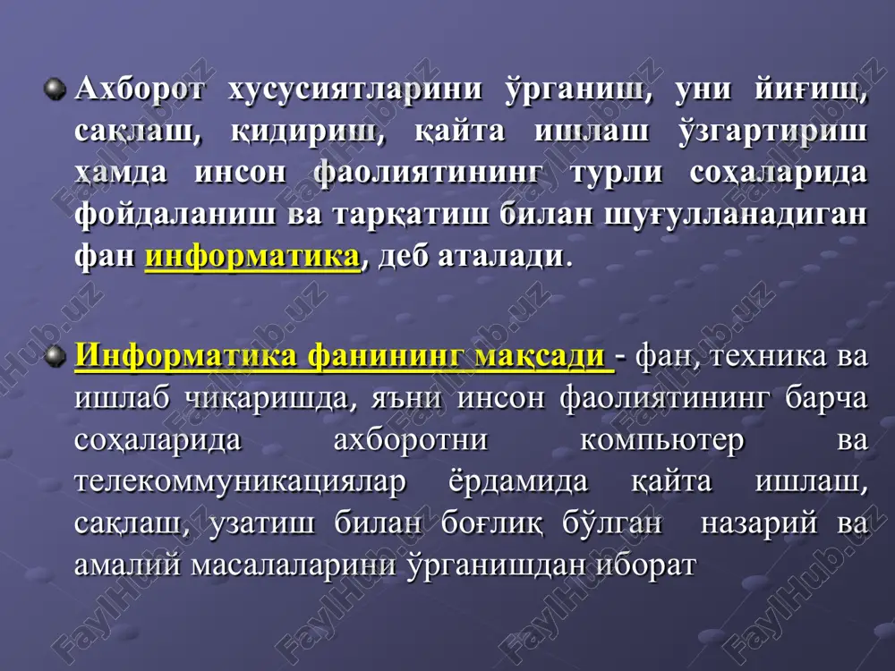ingdek, tinglovchilar bilimini testlashni ta'minlaydigan, hisoblash texnikasidan foydalanishga asoslangan apparat-dasturiy vositalardir. ta'lim muassasalarida axborot texnologiyasi o'qituvchi kompyuter talaba ta'lim jarayonida foydalanadigan aktlar elektron darslik, o'quv qo'llanma, glossariy va b. prezentatsiya elektron kutubxona videkonferentsiya chat, forum, tematik saytlar elektron test tizimlari internet texnologiyalari o'quv-tarbiya jarayonida aktlardan asosan to'rt tartibda foydalaniladi: passiv qo'llash reaktiv muloqat faol muloqat interfaol muloqat kompyuter oddiy hisoblagich kabi kompyuter imtihon oluvchi sifatida kompyuter talabaga yo'l – yo'riq berish va imtihon olishda; kompyuter sun'iy intellekt sifatida, ya'ni talaba bilan muloqat qilishda prezentatsiyalar videomateriallar zvukozapislar videolektsiyalar virtual laboratoriyalar videoekskursiyalar «elektron ta'lim» robototexnika bugungi kunda robotlar mashinasozlik zavodlarida, po'lat quyish tsexlarida, himiyaviy laboratoriyalarda, qurilishda keng qo'llanilmoqda. robotlarni yaratish bilan shug'ullanadigan texnikaning maxsus shaxobchasi – robototexnika paydo bo'ldi. ishlab chiqarish sohasi ular yordamida yangi maxsulotni chizmasini yaratishdan to tayyor maxsulot bo'lib chiqqunga qadar bo'lgan barcha jarayonlarni avtomatlashtirish mumkin. maxsulotni shaklini konstruktor kompyuter ekranida chizib, tegishli o'zgartirishlar yasab, qog'ozga chop etishi mumkin. …