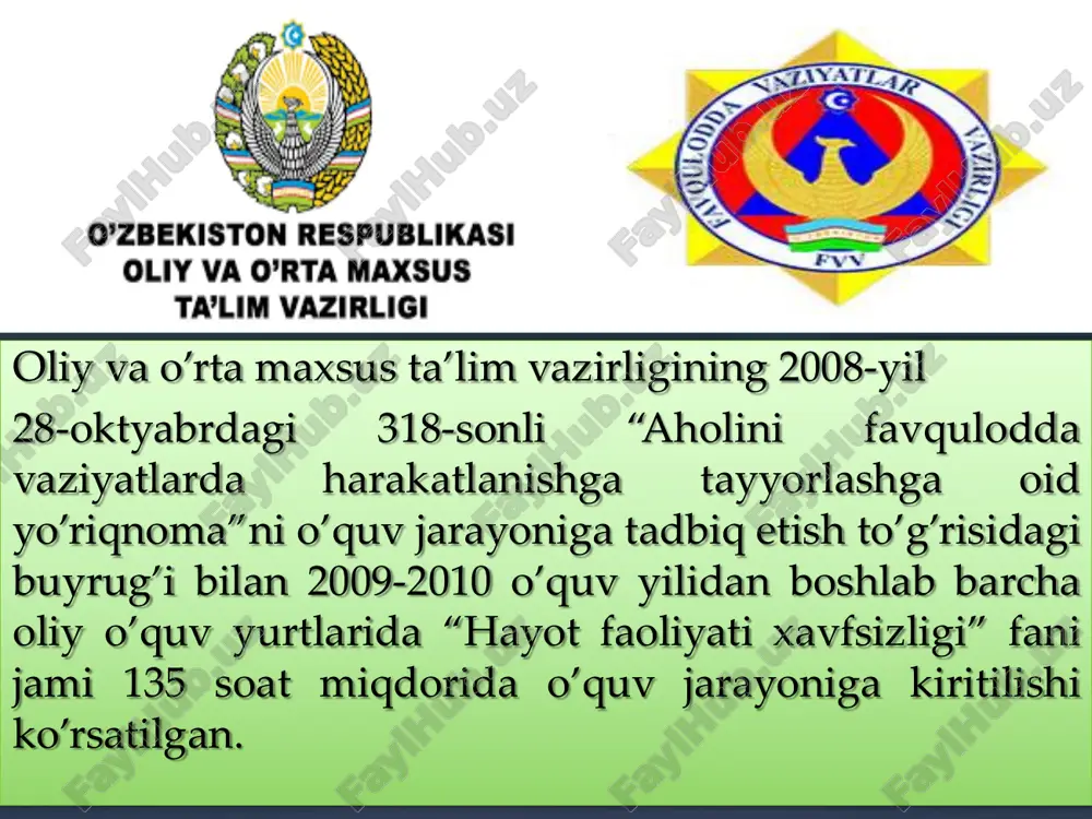 ayotiy faoliyat xavfsizligining markaziy tushunchasi bo`lib, odam sog`lig’iga bevosita yoki boshqa yo`llar bilan zarar yetkazadigan; ya'ni ko`ngilsiz hodisalar, oqibat yaratuvchilar tushuniladi. xavfni ifodalaydigan beigilar soni tajribaning maqsadiga qarab ko`p yoki kam bo`lishi mumkin. taksonomiya - bu murakkab hodisalarning tushunchalarini, kishi faoliyatiga qaratilgan narsalarni turkumlash (klassifikatsiya) va sistemalash to`g`risidagi fandir. u faoliyat xavfsizligi sohasida ilmiy bilimlarni uyushtirishda, xavflarning tartibini yanada chuqurroq o`rganishda katta ahamiyatga ega. taksonomiya yangi fan bo`lib, hali to`la ishlab chiqilmagan. xavflar, yashirin va haqiqiy (yaqqol) xavflar xavflar - yashirin (potensial) va haqiqiy bo`ladi. yashirin xavflar amalga oshishi uchun aniq shartlar bo`lishi lozim. bu shartlar sabab deb ataladi xavf va sabablarni misollarda (raqamlarda) ko`rish mumkin: so`nggi 30 yil ichida (1969- 1990 y.) tabiiy ofat ikki marta ko`paygan; 1909 yildan 1974 yilgacha asabiy kasalliklar 24 marta ko`paygan; dunyoda 500 mln. ga yaqin nogironlar bo`lib, ularning 1/5 qismi baxtsiz hodisa natijasida nogiron bo`lgan. xavfsizlikni o`rganish tartibi xavflarni o`rganish tartibi uch xil …