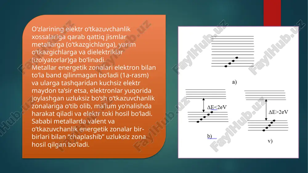 gan selen, eritilgan sulfidlar kiradi. moddalarning qisman yoki to‘liq ionlardan tashkil topgan eritmalari yoki suyultirilgan holatdagi moddalar elektrolitlar yoki ikkinchi tur o‘tkazgichlari deyiladi. elektrolit eritmalarining xossalarini o‘rganish bilan tokning yangi kimyoviy manbalari yaratiladi. elektrolitlarning suvdagi eritmalarida yoki aralashmalarida zaryad tashuvchilar musbat va manfiy zaryadlangan ionlar bo‘lgani uchun elektrolitlar ionli o‘tkazuvchanlikka ega. suyuqliklar elektronli o‘tkazuvchanlikka ham ega bo‘lishi mumkin. masalan, suyuq metallar ana shunday o‘tkazuvchanlikka ega. elektrolit orqali elektr toki o‘tganda elektrodlarda elektrolit tarkibiy qismlarining ajralib chiqish jarayoni elektroliz deyiladi. texnikada elektroliz turli maqsadlarda keng qo‘llaniladi. bir metallning sirti boshqa metallning yupqa qatlami bilan elektrolitik usulda qoplanadi (nikellash, xromlash, emallash, mis yalatish va h.k.). bu mustahkam qoplama sirtni zanglashdan asraydi. elektroliz yordamida turli buyumlar metall qatlami bilan qoplanadi (galvanostegiya), shuningdek, kerakli buyumlarning relefi metall nusxalari, masalan tipografiya klishelari tayyorlanadi (galvanoplastika). elektroliz sof metallar, xususan mis olishda keng qo‘llaniladi. boksitlar aralashmasidan alyuminiy elektroliz yo‘li bilan olinadi. xuddi shu usul tufavyli alyuminiy arzon, …
