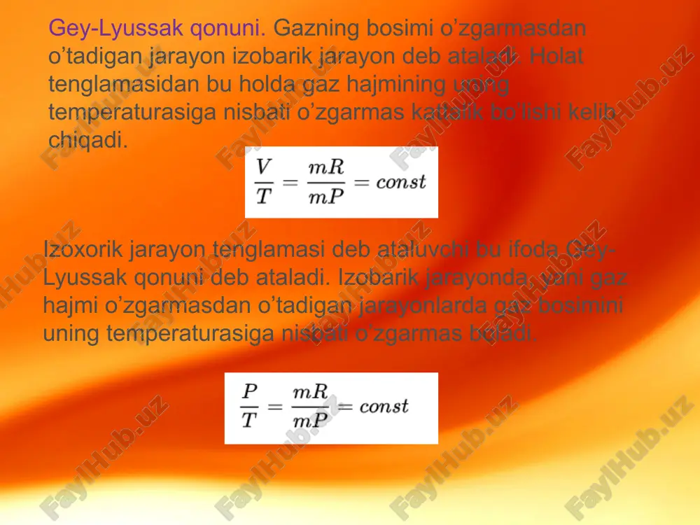 tizim (ideal gaz) ning solishtirma issiqlik sig‘imi (c=const) o‘zgarmas bo‘lgan termodinamik jarayon politrop jarayon deyiladi. jarayon egri chizig‘i politropa deyiladi (6-rasm). termodinamik jarayon ta’rifidan ko‘rinib turibdiki, asosiy termodinamik jarayonlar: izotermik, izoxorik, izotermik va adiabatik jarayonlar o‘zgarmas sig‘imda kechsa, ular politrop jarayonning xususiy holi bo‘ladi. adabiyotlar: 1. ismoilov m., xabibullayev p., xaliulin m. fizika kursi, «o`zbekiston» 2000 y. 2. axmadjonov o. fizika kursi ii-qism, «o`qituvchi» 1988 y. 3. savl`ev i.v. umumiy fizika kursi, ii-qism, 1998 y. 4. trofimova t.i. kurs fiziki , 1990 y. image2.jpeg image3.png image4.png image5.png image6.jpeg image7.jpeg image8.wmf oleobject1.bin image9.png image10.png image11.png image12.jpeg image13.png image14.png image15.jpeg image16.png image1.jpeg 1 2 1 2 1 2 1 2 1 2 1 2 / ln / ln / ln / ln p p r t t c s s r t t c s s p v - = - + = - n n /docprops/thumbnail.jpeg