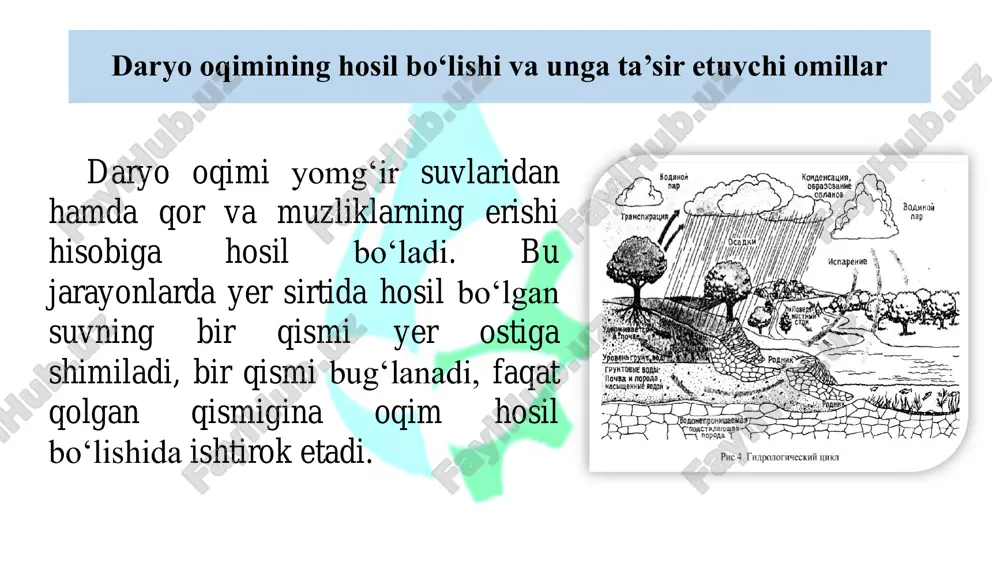 ri qancha katta bo‘lsa, u shuncha ko‘p miqdordagi suvni shimadi. masalan, qumli tuproq loy tuproqqa nisbatan 5-10 marta ko‘p suvni shima oladi. o‘simlik qoplamining ta’siri daryo havzasidagi o‘simlik qoplamining oqim hosil bo‘lishiga ta’siri o‘simlik qoplami: • atmosfera yog‘inlarining bir qismini o‘zida ushlab qolib; • ildizlari yordamida doimiy ravishda tuproqdan ma’lum miqdordagi namlikni olib yog‘inning yanada ko‘proq qismining bug‘lanishiga imkon beradi; o‘simlik qoplamining ta’siri • o‘z tanasi bilan tuproq yuzasini to‘sadi, uning isib ketishiga yo‘l qo‘ymaydi va natijada, bug‘lanish miqdorini kamaytiradi; • yer yuzasi g‘adir-budurligini orttiradi, bu esa yuzada suvning oqish tezligini kamaytirib, ko‘p miqdordagi suvning yer ostiga shimilishiga imkon beradi; • o‘rmonlar, yer sirtidagi qorning erishini sekinlashtiradi va bu bilan yer ostiga shimilishni kuchaytiradi. ko‘llar, botqoqliklar va muzliklarning ta’siri daryo havzasida mavjud bo‘lgan ko‘llar, botqoqliklar ma’lum darajada oqimni boshqarib, uning yil ichida nisbatan tekis taqsimlanishiga sabab bo‘ladi. botqoqliklar haqida ham yuqoridagi kabi fikrlarni bildirish mumkin. ularning daryo oqimiga ta’siri, ayniqsa, …