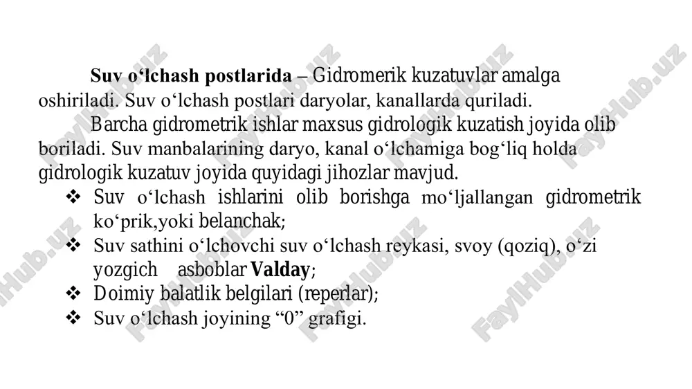 gan yillarda deyarli barcha suv ob’ektlarida suv sathi ham ko’tariladi. • bundan tashqari suv sathining ko’p yillik tebranishi geologik, tektonik jarayonlarga ham bog’liqdir. • muzlik suvlari hisobiga to’yinadigan daryolarda esa havo harorati ham muhim ahamiyat kasb etadi. suv sathining yillik tebranishi • suv sathining yillik tebranishi asosan shu yilning meteorologik sharoitiga bog’liq bo’ladi. • agar o’rganilayoigan yilda atmosfera yog’inlari miqdori ko’p bo’lib, namlik katta bo’lsa, suv sathining tebranish amplitudasi ham katta bo’ladi. suv sathining fasliy tebranishi • suv sathining fasliy tebranishi daryo havzasining tabiiy - geografik sharoitiga bog’liq bo’ladi. • bunda daryoning joylashish o’rni, balandligi muhim rol o’ynaydi. • daryolar suv sathining fasliy tebranishga yoz oylarida suv o‘simliklari, qish oylarida esa muzlash hodisalari ta’sir ko’rsatishi mumkin. suv sathini kuzatish ma’lumotlarini maxsus qayta ishlash o’zgidromet ko’rsatmasiga asosan gidrologik stantsiyalarga qo’shimcha vazifa topshiriladi. bu suv sathini maxsus qayta ishlab chiqish vazifasidir. ma’lumki, suv sathi vaqt davomida keskin o’zgarib turadi. uni bilish ham …