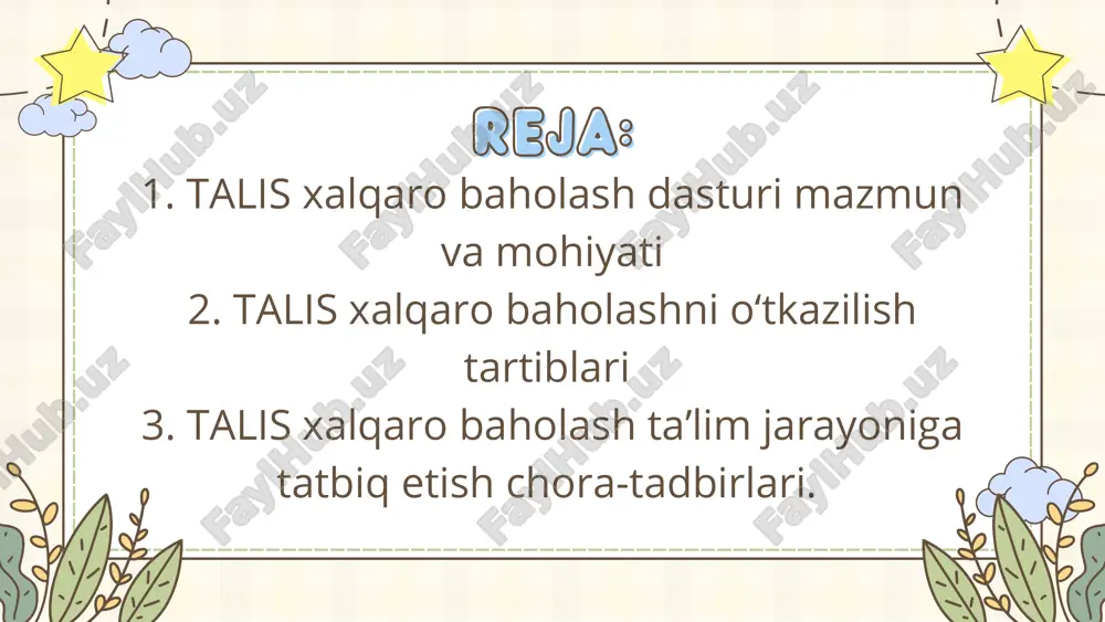 va oqituvchilarni tanlab olish jarayoni juda muhim bosqich hisoblanadi. ushbu jarayon tadqiqot natijalarining ishonchliligi va har bir ishtirokchi davlat talim tizimini adolatli tarzda taqqoslash imkonini beradi maktablarni tanlab olish jarayoni: 1. vakillik namunasini tanlash: talis tadqiqotiga kiritiladigan maktablar har bir davlatning umumiy ta'lim muassasalari tizimini ishonchli tarzda aks ettirishi kerak. shuning uchun, namuna olish jarayonida maktablar tasodifiy ravishda tanlanadi. bu tanlash usuli vakillikni taminlashmaqsadida amalga oshiriladi. maktablar tanlanayotganda turli omillar hudud, oquvchilarning soni, maktab turi kabi korsatkichlar hisobga olinadi. 2. maktablar soni: odatda har bir mamlakatda talis tadqiqotida 200 dan ortiq maktab ishtirok etadi. mamlakatning ta'lim tizimi hajmi va xilma-xilligiga qarab, bu raqam ozgarishi mumkin. katta mamlakatlarda koproq maktablar ishtirok etadi, kichik mamlakatlarda esa kamroq. o'qituvchilarni tanlabo'qituvchilarni tanlab olish jarayoni:olish jarayoni: 1. oqituvchilar tanlovi: har bir tanlangan maktabdan malum miqdorda oqituvchilar tasodifiy ravishda tanlab olinadi. odatda har bir maktabdan ortacha 20 nafar oqituvchi sorovda ishtirok etadi. oqituvchilarning tanlanishi tasodifiy bolib, …