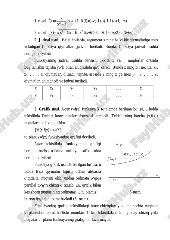 xx} to‘plam y=f(x) funksiyaning grafigi deyiladi. agar tekislikda funksiyaning grafigi berilgan bo‘lsa, u holda funksiya grafik usulda berilgan deyiladi. funksiya grafik usulda berilgan bo‘lsa, u holda f(x0) qiymatni topish uchun abssissa o‘qida xo nuqtani olib, undan ordinata o‘qiga parallel to‘g‘ri chiziq o‘tkazib, uni grafik bilan kesishgan nuqtasining ordinatasi uo ni olamiz, 5-rasm bu son f(xo) dan iborat bo‘ladi (5- rasm). funksiyaning grafigi tekislikdagi biror chiziqdan yoki bir nechta nuqtalar to‘plamidan iborat bo‘lishi mumkin. lekin tekislikdagi har qanday chiziq yoki nuqtalar to‘plami funksiyaning grafigi bo‘lavermaydi. koordinatalar tekisligida biror chiziq berilgan bo‘lsin. abssissa o‘qining har bir nuqtasidan, ordinata o‘qiga parallel qilib o‘tkazilgan to‘g‘ri chiziq ni ko‘pi bilan bitta nuqtada kesib o‘tsa, u holda chiziq birorta funksiyaning grafigi bo‘ladi. masalan x 2 +u 2 =r 2 aylanani olsak, bu aylana hech bir funksiyaning grafigi bo‘la olmaydi. lekin aylananing yuqori yarmi u= 2 2r x funksiyaning, quyi yarmi esa u=- 2 2r x funksiyaning …