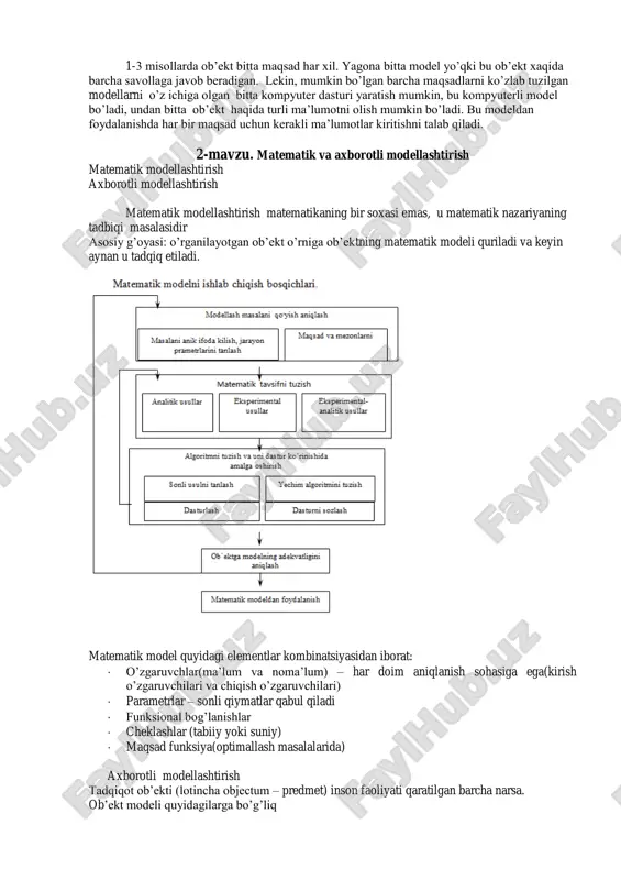 xm qo’llash tufayli, qisqa vaqt ichida nisbatan kam chiqimlar bilan, maxsulot ishlab chiqarish jarayonlarining optimal texnologik tizimlarini sintez qilish va loyixalash mumkin bo’ladi statik modellarda iqtisodiy jarayonlar va ko’rsatkichlarning ma'lum bir vaqtdagi holati o’rganiladi. dinamik modellarda esa ko’rsatkchilarning vaqt davomida qanday o’zgarishi kuzatiladi va ularga qaysi omillar ta'sir etishi o’rganiladi. har bir oldingi bosqichning echimi keyingi bosqichlar uchun boshlang’ich ma'lumotlar sifatida foydalaniladi modellashtirish jarayonida quyidagilar bo’lishi kerak  tadqiqot ob’ekti  aniq masala olgan tadqiqotchi  ob’ekt xaqida ma’lumot olish uchun yaratilgan model. bu yeda tadqiqotchi eksprementator hisoblanadi. tizimlarni modellashtirishda muxim jixatlaridan biri maqsad muommosidir. har qanday model tadqiqotchi qo’ygan biror maqsadga bog’liq holda tuziladi. shuning uchun modellshtirishning asosiy muammosi – bu maqsadni aniqlashtirish masalasidir. agar maqsad aniq bo’lsa, keyingi muammoni - model qurish muammosini xal etish kerak. agar model qurilsa navbaatdagi muammo xosil bo’ladi bu - modelni tadbiq qilish muommosidir. bu muammo natija olish vaqtini minimumlash va modelni ishonchliligini …