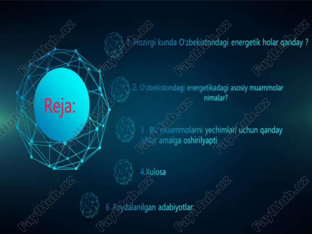 rxonalarda energiya samaradorligini oshirish bo‘yicha dasturlar amalga oshirilmoqda. energetika texnologiyalarini modernizatsiya qilish uchun imtiyozli kreditlar va subsidiya dasturlari joriy etilgan. 5. xususiylashtirish va investitsiyalarni jalb qilish energetika sohasiga xususiy sektorni jalb qilish va xorijiy investitsiyalarni ko‘paytirish ishlari olib borilmoqda. davlat-xususiy sheriklik (dxsh) doirasida bir necha loyihalar amalga oshirilmoqda. 6. gaz qazib olishni ko‘paytirish va gaz importini yo‘lga qo‘yish gaz qazib olish hajmini oshirish uchun yangi konlar o‘zlashtirilmoqda. rossiya va turkmaniston kabi mamlakatlardan gaz import qilish bo‘yicha shartnomalar tuzilgan. 7. aholi va biznes uchun subsidiyalar va yordam aholiga energetika tariflari subsidiyalanmoqda. qish mavsumida gaz va elektr taʼminotini barqarorlashtirish uchun tezkor chora-tadbirlar ko‘rilmoqda. 8. energiya iste’molini optimallashtirish elektr va gaz iste’molini kuzatish uchun aqlli hisoblagichlar (smart metering) keng joriy qilinmoqda. iste’molchilarni energiya tejashga rag‘batlantiruvchi dasturlar amalga oshirilmoqda. 9. xalqaro hamkorlikni kuchaytirish jahon banki, osiyo taraqqiyot banki va boshqa xalqaro tashkilotlar bilan hamkorlikda moliyalashtirilayotgan loyihalar amalga oshirilmoqda. energetika sohasida tajriba almashish uchun xalqaro …
