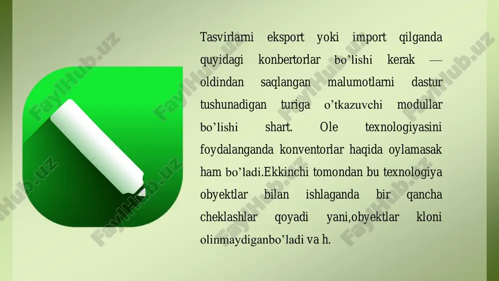 aydonidan kiritamiz. svyazat s faylom visokogo razresheniya dlya vivoda po texnologii opi (link to high resolution file for output using opi) bayroqchasi, dasturning tez ishlashi uchun hujjatda fayl varsiyasini past razresheniyeda yozadi, qaytandan oqigan paytda avvvalgi holatiga qaytaradi. proverit "vodyanoy znak" (check for watermark) bayroqchasi obespechit zapusk modulya, tasvir haqida maxfiy malumotlarni qidiradigan modullar ishga tushiriladi. svesti mnogosloynie tochechnie izobrajeniya (combine multi-layer bitmap) bayroqchasi ko’p qatlamli tasvirlarni konvertatsya qiladi, masalan, adobe photoshop (psd) formatidan yoki corel photo-paint (cpt) formatidan ,oddiy bi qatlomli qiladi, soxranit sloi i stranitsi (maintain layers and pages) bayroqchasi, teskari, vektor obyektlarni qatlomlarga va sahofalarga ajratib beradi. primenit razmeshenniy profil ico (apply embedded icc profile) va izvlech razmeshenniy profil icc (extract embedded icc profile) bayroqchlari, otkrit risunok (open drawing) mulohat oynasiga tegishli bulib,joriy hujjatga import qilingan fayl rang profillarini o’rnatish yoki uni chaqirib alohida image color matching (icm) formatli faylga yozishni taminlaydi. dastur quyidagi formatli fayllarda ranglar …