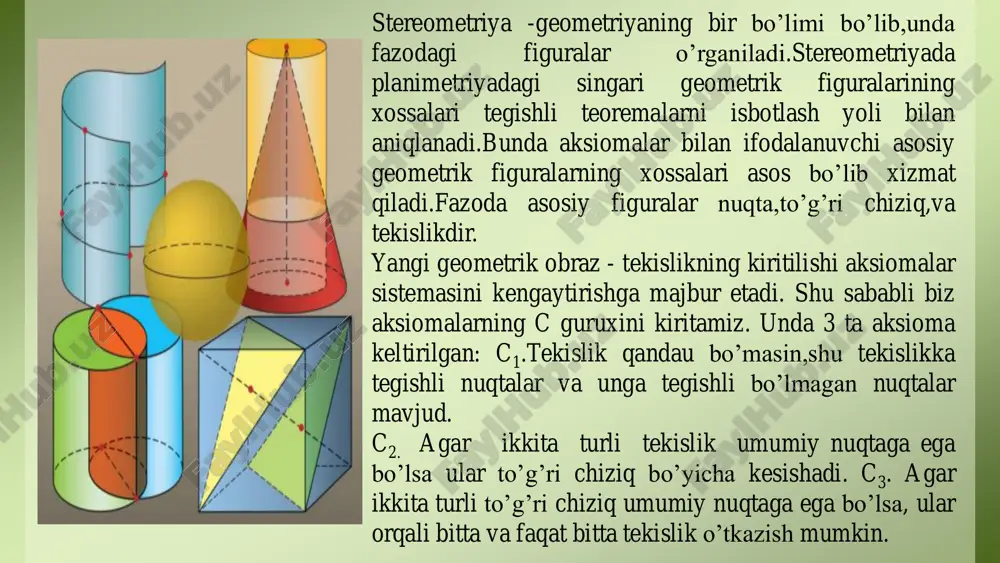 bo’lgan kesishuvchi to’g’ri chiziqlarning o’zlari ham perpindikulyardir. 16.2-teorema. agar tekislikni kesib o’tuvchi to’g’ri chiziq tekislikdagi shu kesishish nuqtasidan o’tuvchi ikkita to’g’ri chiziqqa perpindikulyar bo’lsa, bu to’g’ri chiziq tekislikka perpindikulyar bo’ladi isboti. a to’g’ri chiziq a tekislikni a nuqtada kesib o’tsin hamda a nuqta orqali o’tuvchi va shu tekislikdagi b va c to’g’ri chiziqlarga perpendikulyar bo’lsin. a to’g’ri chiziq a tekislikka perpindikulyar ekanini isbotlaymiz. a tekislikda a nuqta orqali ixtiyoriy x to’g’ri chiziqni o’tkazamiz va uning a to’g’ri chiziqqa perpendikulyar ekanini ko’rsatamiz. a tekislikda a nuqtadan o’tmaydigan hamda b,c va x to’g’ri chiziqlarni kesib o’tuvchi ixtiyoriy to’g’ri o’tkazamiz. kesishish nuqtalari b, c va x bo’lsin. a to’g’ri chiziqda a nuqtadan turli tomonda aa1 va aa2 teng kesmalar ajratamiz. a1ca2 uchburchak teng yonli, chunki ac kesma teoremaning shartiga ko’ra balandlik bo’ladi va yasashga ko’ra (aa1=aa2) mediana bo’ladi. shunga o’hshash a1ba2 uchburchak ham teng yonli. demak, a1bc va a2bc uchburchaklar tengligining uchunchi alomatiga …