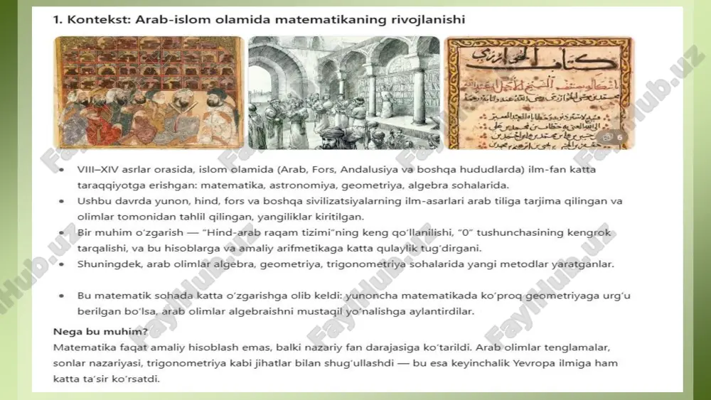 kab tenglamalarni yechishning yangi usullarini ishlab chiqdi. ularning barchasi matematikani amaliy hayotga yaqinlashtirdi: masalan, hisob-kitob ishlari, savdo, arxitektura, astronomiya, va navigatsiya sohalarida bu bilimlar keng qo‘llanildi. arab olimlarining asarlari yevropa tillariga tarjima qilinib, o‘rta asrlarda g‘arb fanining rivojlanishiga kuchli turtki berdi. aynan ularning kashfiyotlari tufayli keyinchalik yevropada renessans davri ilm-fani shakllandi. shu bois arab olimlarini matematika tarixining ustunlari deb atash mumkin. bugungi kunda ham ularning ishlari o‘rganilmoqda, ularning nomlari matematika terminologiyasida, ilmiy asarlarda, hatto algoritm va algebra kabi so‘zlarda abadiy saqlanib qolgan. arab olimlarining ilmiy merosi — inson tafakkurining, izlanish va yaratuvchanlik qudratining yorqin timsolidir. e’tiboringiz uchun rahmat