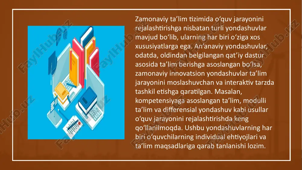 v jarayonini rejalashtirishda amaliyotga asoslangan ta’lim yondashuvining muhimligini ko‘rsatib. u “learning is most effective when students actively engage in the learning process through experience, reflection, and experimentation”. ya’ni, ta’lim jarayonida o‘quvchilarning faol ishtiroki va tajribaga asoslangan o‘rganish samaradorlikni oshirishi haqida ta’kidlaydi. , metodlar. kompetensiyaga yo‘naltirilgan rejalashtirish metodi. bu metod o‘quvchilarning nazariy bilim olishidan tashqari, ularning amaliy va kasbiy kompetensiyalarini rivojlantirishga yo‘naltirilgan. rejalashtirish jarayonida darslar amaliy mashg‘ulotlar, loyiha ishlari va muammoli vaziyatlarni tahlil qilish kabi faol usullar bilan boyitiladi. “o‘quvchilar mustaqil fikrlash va muammoni hal qilish ko‘nikmalariga ega bo‘lishlari lozim” degan tamoyil asosida ishlab chiqiladi. modulli rejalashtirish metodi. bu metodda o‘quv jarayoni an’anaviy fanlarga bo‘lingan holda emas, balki turli modullarga ajratilgan holda tashkil etiladi. har bir modul mustaqil o‘quv bloki sifatida qaralib, talabalar uni o‘z tezligida o‘zlashtirish imkoniyatiga ega bo‘ladi. zamonaviy ta’lim tizimida, ayniqsa, kredit-modul tizimida keng qo‘llaniladi. informatika fanida modulli rejalashtirish metodi informatika fanida modulli rejalashtirish metodi quyidagi yo‘nalishlarda qo‘llaniladi: …