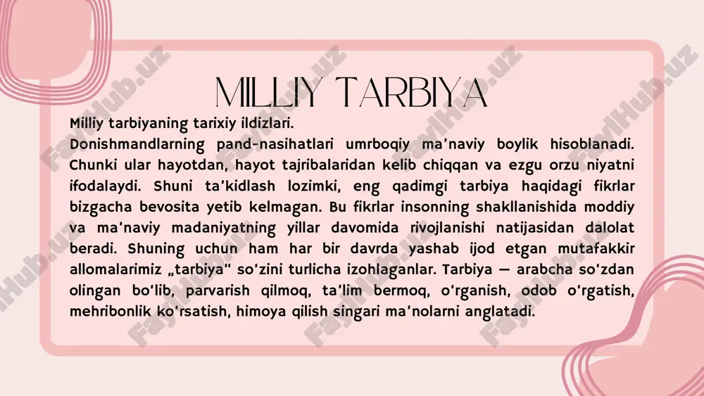 kidlaydi: „yosh bola ilm bilan adabni tayoq bilan o‘rganur, o‘z ixtiyori bilan o‘rganmas. ammo farzand beadab bo‘lsa va sening ul sababdan qahring kelsa, o‘z qo‘ling bilan urmagil, muallimlarning tayog‘i bilan qo‘rqitgil. bolalarga 16 muallimlar adab bersinlar, toki sendan o‘g‘lingning ko‘nglida gina qolmasin“. shu o‘rinda yurtboshimiz islom karimov ta’kidlaganlaridek, „farzandlarimizni mustaqil va keng fikrlash qobiliyatiga ega bo‘lgan, ongli yashaydigan komil insonlar etib voyaga yetkazish ta’lim-tarbiya sohasining asosiy maqsadi va vazifasi bo‘lishi lozim, deb qabul qilishimiz kerak“. bu esa ta’lim va tarbiya ishini uyg‘un holda olib borishni talab etadi. jamiyatimiz komil insonni tarbiyalashda, uning ma’naviyatini shakllantirishda eng asosiy o‘rinni egallaydi. komil inson tarbiyasi davlat siyosatining ustuvor sohasi hisoblanadi. tarbiya faqat inson zehnini o‘stirish va unga ma’lum hajmdagi bilimni singdirishgina emas, balki u insonda mehnatga tom ma’nodagi chanqoqlik hissini uyg‘otmog‘i lozim, busiz odam hayotda na e’tiborli va na baxtiyor bo‘la oladi. tarbiya, bu nisbatan keksaroq avlodning o‘z tajribasi, o‘z ehtirosi, o‘z e’tiqodini yosh …