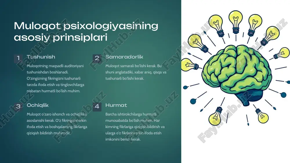 aspektlarini rivojlantirish usullari aktiv tinglash aktiv tinglash qobiliyatini rivojlantirish, suhbatdoshga to'liq e'tibor berish va savol berish muhim. empatiya boshqalarning his-tuyg'ularini tushunishga harakat qilish va ularning nuqtai nazaridan dunyoga qarashga harakat qilish kerak. o'zingizni tushunish o'zingizni va his-tuyg'ularingizni tushunish, ularni boshqalarga tushunarli tarzda ifoda etishga yordam beradi. ochiqlik o'z fikringizni ochiq va halollik bilan ifoda etish, boshqalarning fikrlariga hurmat bilan munosabatda bo'lish muhim. mashq qilish har qanday ko'nikma kabi, muloqot qobiliyati ham mashq qilish orqali rivojlantiriladi. xulosa va takliflar muloqot - bu insoniy munosabatlarning muhim qismidir. uning psixologik jihatlarini tushunish va rivojlantirish, bizning hayot sifati, ish faoliyati va jamiyat bilan munosabatlarimizga ijobiy ta'sir qiladi.