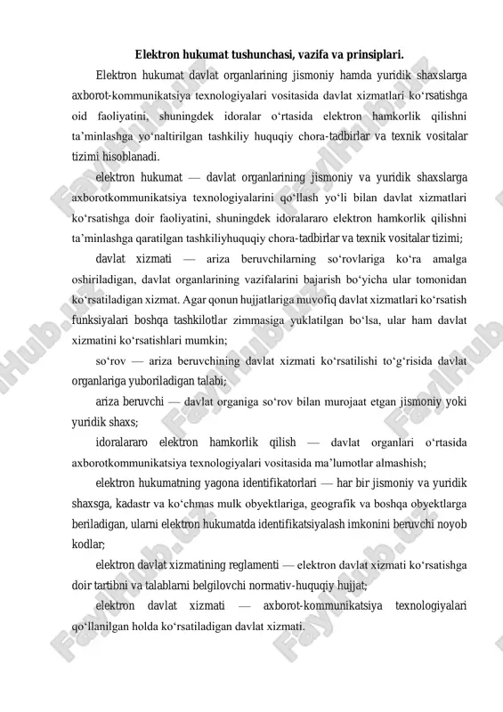 os ravishda ishtirokchilarnin gtegishli jarayonlarda qatnashish faolligini belgilash. elektron hukumatning asosiy vazifalariga quyidagilar kiradi: – davlat organlari faoliyatining samaradorligini, tezkorligini va shaffofligini ta’minlash, ularning mas’uliyatini va ijro intizomini kuchaytirish, aholi va tadbirkorlik subyektlari bilan axborot almashishni ta’minlashning qo‘shimcha mexanizmlarini yaratish; – ariza beruvchilar uchun mamlakatning butun hududida davlat organlari bilan o‘zaro munosabatlarni elektron hukumat doirasida amalga oshirish bo‘yicha imkoniyatlar yaratish; – o‘z zimmasiga yuklatilgan vazifalar doirasida davlat organlarining ma’lumotlar bazalarini, yagona interaktiv davlat xizmatlari portalini va elektron davlat xizmatlarining yagona reyestrini shakllantirish; – aholi va tadbirkorlik subyektlari bilan o‘zaro munosabatlarni amalga oshirishda elektron hujjat aylanishi, davlat organlarining o‘zaro hamkorligi va ularning ma’lumotlar bazalari o‘rtasida axborot almashinuvi mexanizmlarini shakllantirish hisobiga davlat boshqaruvi tizimida «yagona oyna» tamoyilini joriy etish; – tadbirkorlik subyektlarini elektron hujjat aylanishidan foydalanishga, shu jumladan statistika hisobotini taqdim etish, bojxona rasmiylashtiruvi, litsenziyalar, ruxsatnomalar, sertifikatlar berishda, shuningdek davlat organlaridan axborot olish jarayonlarida elektron hujjat aylanishidan foydalanishga o‘tkazish; – tadbirkorlik subyektlarining …
