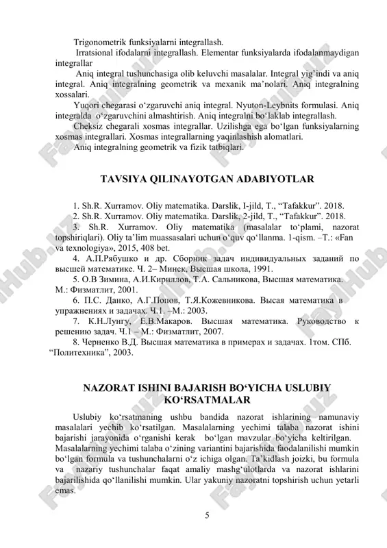 differensiallanuvchanligi. funksiyaning differensiali. yig’indi, ayirma, ko’paytma va bo’linmani differensiallash. teskari funksiyani differensiallash. murakkab funksiyani differensiallash. asosiy elementar funksiyalarning hosilalari. differensiallash qoidalari va hosilalar jadvali. logarifmik differensiallash. parametrik va oshkormas ko‘rinishda berilgan funksiyalarni differensiallash. yuqori tartibli hosila va differensiallar. ferma, roll, lagranj va koshi teoremalari. lopital qoidasi. teylor formulasi funksiyaning monotonlik shartlari. funksiyaning ekstremumlari. kesmada uzluksiz funkiyaning eng katta va eng kichik qiymatlari. funksiya grafigining qavariqligi, botiqligi va egilish nuqtalari. funksiya grafigining asimptotalari. funksiyani tekshirish va grafigini chizisning umumiy sxemasi. bir o‘zgaruvchi funksiyasining integral hisobi boshlang’ich funksiya va aniqmas integral. aniqmas integralning xossalari. asosiy integrallar jadvali. integrallash usullari. sodda kasrlarni integrallash. ratsional kasr funksiyalarini integrallash. 5 trigonometrik funksiyalarni integrallash. irratsional ifodalarni integrallash. elementar funksiyalarda ifodalanmaydigan integrallar aniq integral tushunchasiga olib keluvchi masalalar. integral yig’indi va aniq integral. aniq integralning geometrik va mexanik ma’nolari. aniq integralning xossalari. yuqori chegarasi o‘zgaruvchi aniq integral. nyuton-leybnits formulasi. aniq integralda o‘zgaruvchini almashtirish. aniq integralni bo‘laklab integrallash. …
