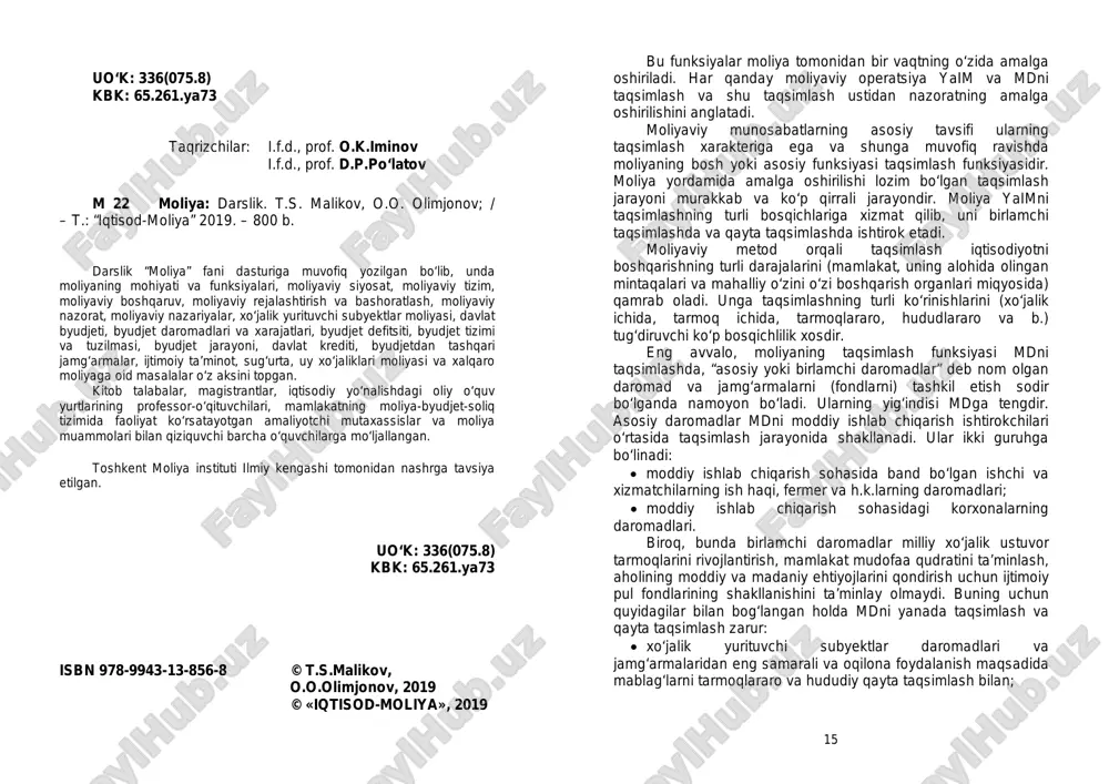 ay moliyaviy operatsiya yaim va mdni taqsimlash va shu taqsimlash ustidan nazoratning amalga oshirilishini anglatadi. moliyaviy munosabatlarning asosiy tavsifi ularning taqsimlash xarakteriga ega va shunga muvofiq ravishda moliyaning bosh yoki asosiy funksiyasi taqsimlash funksiyasidir. moliya yordamida amalga oshirilishi lozim bo‘lgan taqsimlash jarayoni murakkab va ko‘p qirrali jarayondir. moliya yaimni taqsimlashning turli bosqichlariga xizmat qilib, uni birlamchi taqsimlashda va qayta taqsimlashda ishtirok etadi. moliyaviy metod orqali taqsimlash iqtisodiyotni boshqarishning turli darajalarini (mamlakat, uning alohida olingan mintaqalari va mahalliy o‘zini o‘zi boshqarish organlari miqyosida) qamrab oladi. unga taqsimlashning turli ko‘rinishlarini (xo‘jalik ichida, tarmoq ichida, tarmoqlararo, hududlararo va b.) tug‘diruvchi ko‘p bosqichlilik xosdir. eng avvalo, moliyaning taqsimlash funksiyasi mdni taqsimlashda, “asosiy yoki birlamchi daromadlar” deb nom olgan daromad va jamg‘armalarni (fondlarni) tashkil etish sodir bo‘lganda namoyon bo‘ladi. ularning yig‘indisi mdga tengdir. asosiy daromadlar mdni moddiy ishlab chiqarish ishtirokchilari o‘rtasida taqsimlash jarayonida shakllanadi. ular ikki guruhga bo‘linadi: • moddiy ishlab chiqarish sohasida band bo‘lgan …