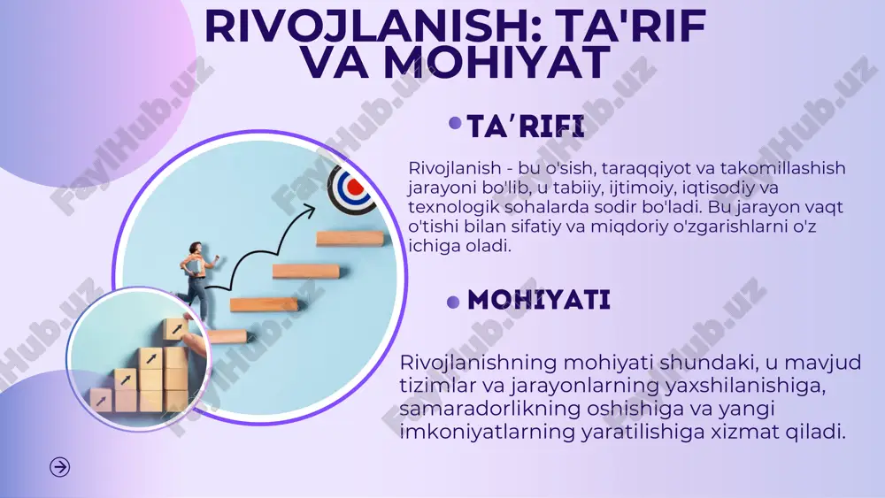 onida davlat muhim rol o‘ynaydi: iqtisodiyotni boshqarish, infratuzilmani rivojlantirish, ijtimoiy himoya.prezident rahbarligida har bir sohada strategik rejalashtirish yo‘lga qo‘yilgan. rivojlanish ta’siri va xulosalar 1. ibn xaldun (arab sotsiologi va tarixchisi): “jamiyatning taraqqiyoti ilm va adolat asosida bo‘ladi.” 2. mahatma gandi “haqiqiy rivojlanish — bu eng oxirgi odamning hayotini yaxshilay oladigan rivojlanishdir.” xulosa rivojlanish – bu har bir davlat va jamiyatning farovon kelajagini ta’minlovchi uzluksiz jarayondir. u iqtisodiy, ijtimoiy va siyosiy sohalardagi yutuqlar orqali amalga oshadi. e’tiboringiz uchun raxmat 10