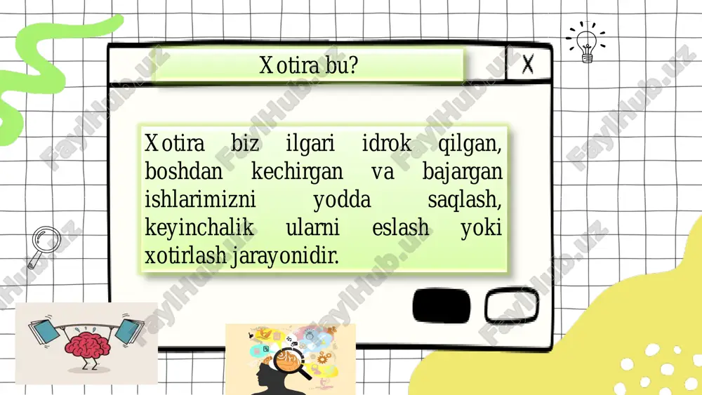 onani isitish batareyasining isishi). xotira jarayonlari quyidagilardan iborat: esda olib qolish esda saqlash esga tushirish unutish esda qoldirish idrok qilingan narsa va hodisalarni miya po‘stida iz hosil qilishdir. uning fiziologik asosi miya po‘stida muvaqqat nerv bog‘lanishining vujudga kelishidir. esda qoldirish o‘zining faolligi jihatidan ikkiga bo‘linadi: a) ixtiyorsiz esda qoldirish- oldindan maqsad quyilmaydi, mavzu tanlanmaydi va iroda kuchi sarflanmaydi. b) ixtiyoriy esda qoldirish- oldindan maqsad qo‘yib mavzu belgilanadi. ixtiyoriy esda qoldirishda quyidagi turli usullardan foydalaniladi:  maqsad qo‘yish, masalan, institutga kirish oldidagi maqsad;  o‘quv materiallarini tushunib esda qoldirish;  esda qoldirishning rasional usullaridan foydalanish, masalan, esga tushirish yo‘li bilan esda qoldirish psixologiya fanida esda olib qolishning quyidagi turlari mavjud: maʼlumot, xabar, taassurot, axborot va materiallarni eshitish orqali idrok qilish hamda esda olib qolish egallash yoki oʼzlashtirish zarur boʼlgan materiallarni koʼrib idrok qilish yordamida esda olib qolish materiallarni harakat yordamida va eshitish orqali idrok qilish hamda esda olib qolish aralash holatda …