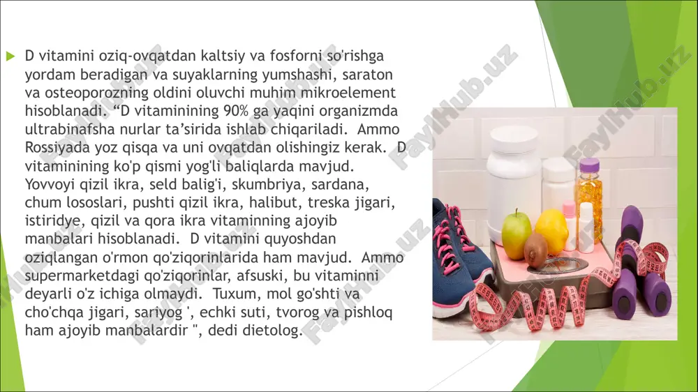 normal konsentratsiyasi uchun (d vitamini etishmasligining oldini olish uchun) 1500- 2000 iu olishimiz kerak. homilador ayollarga kuniga kamida 800-1200 iu qabul qilish tavsiya etiladi. u uni ertalab yoki tushdan keyin qabul qilish yaxshidir, chunki u tananing energiya funktsiyalarini kuchaytiradigan "quyosh vitamini" dir, agar kechqurun iste'mol qilinsa, faollikni oshirishi mumkin, ayniqsa bolalarda, shuningdek, uxlab qolish harakatini yomonlashtiradi. u u oziq-ovqatda d3 shaklida ham uchraydi. u inson tanasi tomonidan d2 ga qaraganda ancha yaxshi so'riladi. shuning uchun, "qaysi vitamin d yaxshiroq" degan savolga aniq javob berish mumkin: yaxshiroq so'riladigani bu vitamin d3. u ba'zi vitaminlar va elementlarni umuman birlashtirib bo'lmaydi - sink va kaltsiy, mis va temir va boshqalar. aksincha, birgalikda qabul qilingan vitaminlar mavjud - magniy va mis, kaltsiy va c, d va e vitaminlari. vitamin d ga boy ovqatlar: u d vitaminiga boy ovqatlar orasida baliq yetakchilik qiladi. kaltsiferol to'liq sut va sut mahsulotlarida (pishloq, sariyog ') ham mavjud, ammo …