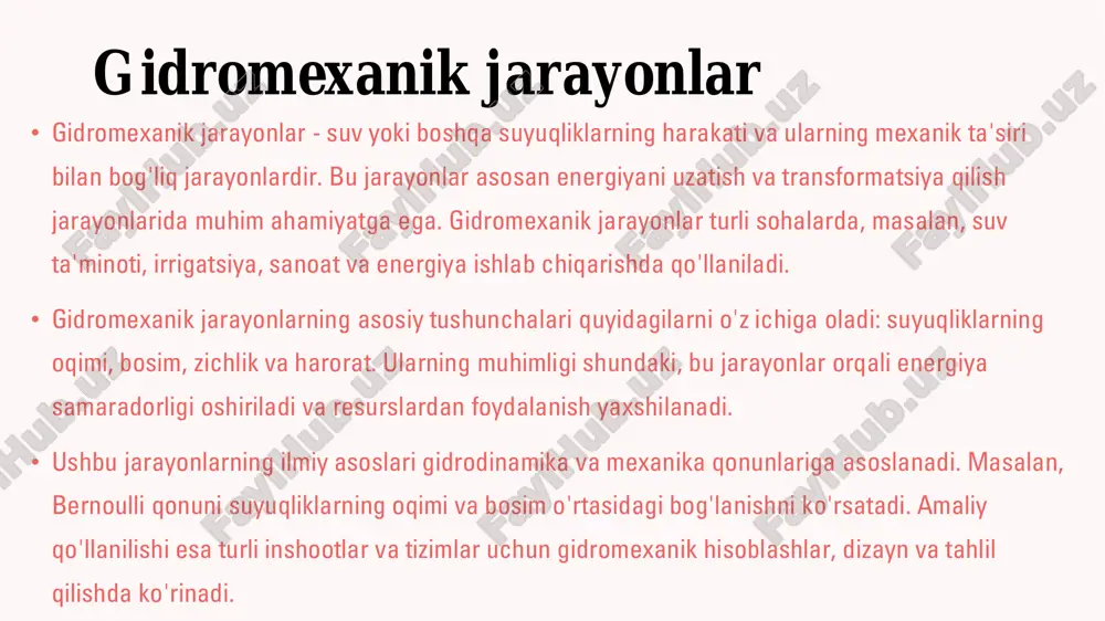 imlarida qo'llaniladi. ushbu qonunlar, energiya o'tkazish jarayonlarida muhim rol o'ynaydi va turli gidromexanik tizimlarning samaradorligini oshiradi. • gidromexanik jarayonlar suyuqliklar va gazlar bilan bog'liq bo'lgan jarayonlardir. ularning harakatlantiruvchi kuchlari quyidagilarni o'z ichiga oladi: • 1. **suyuq bosimi:** suyuq bosimi, suyuqlikning yuqori darajalarida va uning og'irlik kuchi ta'sirida paydo bo'ladi. bu bosim, suyuqlikning balandligini oshirish bilan ortadi va muhim ahamiyatga ega. • 2. **gravitatsiya:** gravitatsiya kuchi, barcha jismlarni yerga tortadi va suyuqliklar uchun ham muhim rol o'ynaydi. bu kuch, suyuqlikning oqimiga va harakatiga ta'sir ko'rsatadi. • 3. **boshqa kuchlar:** boshqa kuchlar, masalan, turli xil mexanik kuchlar va ichki kuchlar, gidromexanik jarayonlarda muhim ahamiyatga ega. ular suyuqliklarning harakatini va ularning fazoviy taqsimotini o'zgartirishi mumkin. • ushbu kuchlar o'zaro aloqada bo'lib, gidromexanik jarayonlarning samaradorligini ta'minlaydi. ularni to'g'ri tushunish, muhandislik va qishloq xo'jaligi kabi sohalarda muhim ahamiyatga ega. harakatlantiruvchi kuchlar gidromexanik jarayonlar asoslari • gidromexanik jarayonlar suyuqliklar va gazlarning harakatini o'rganadi. ularning asosiy turlari: …