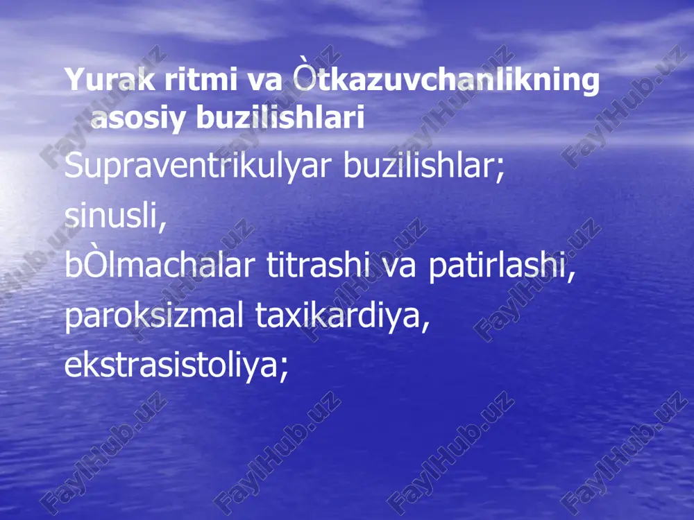 anishning keskin buzilishi xollari xam paydo bòlishi mumkin. aritmiyalar sababini aniqlash: -yurakning asosiy kasalligi va uning ogirligi darajasi: karditlar, yurak poroklari, tireotoksikoz, neyrotsirkulyator distoniya, - qo'shimcha qòzg'atuvchi va kumaklashuvchi omillar, gigienodietik tartibni buzilishi, noadekvat davolash, ruxiy jaroxatli vaziyatlar -paroksizmal taxikardiyada paydo bulish sharoitini, chastotasini, chidamliligini, tuxtatish usullarini aniklash. davolashning umumiy koidalari: aritmiyalarni dovolash etiopatogenetik davolash usuli kullaniladi. kamdan-kam buladigan ekstrasistoliyalarda keskin bulmagan sinusli taxikardiyalarda, bradi yoki aritmiyalarda 1 darajali atrioventrikulyar blokadada, gis tutami oyoklarining blokadalarida aritmiyaga karshi davolash talab kilinmaydi. kursatkichlari buyicha etiopatogenetik davolash sedativ vositalar bilan tuldiriladi. kolgan xollarda aritmiyaga karshi rejali yoki shoshilinch yordam kursatiladi. aritmiyani shoshilinch davolash: xurujsimon taxikardiyalarda, qorinchalar bilan bog'liq taxikardiya va taxiaritmiyalarda, tez-tez,politopli va gruxli ekstrasistoliyalarda, to'la atrioventrikulyar blokadada tavsiya etiladi aritmiyaga karshi dori-darmonlar: 1.sedativ vositalar 2.adrenotropli vositalar 1)beta-adrenoblokatorlar(inderal,trazikor v.b.) 2)beta adrenostimulyatorlar (izuprel v.b.) 3)alfa-beta-litiklar (kordaron) 3.vagotropli vositalar: 1)m-xolinolitiklar (atropin) 2)m-xolinostimulyatorlar (yurak glikozidlari, mezaton) 4.elektrolitlar almashinuvini boshqaruvchilar: 1)kaliy preparatlari 2)unitiol, edta (etilendiamintetrauksus kislotasi) 3)kalsiy …