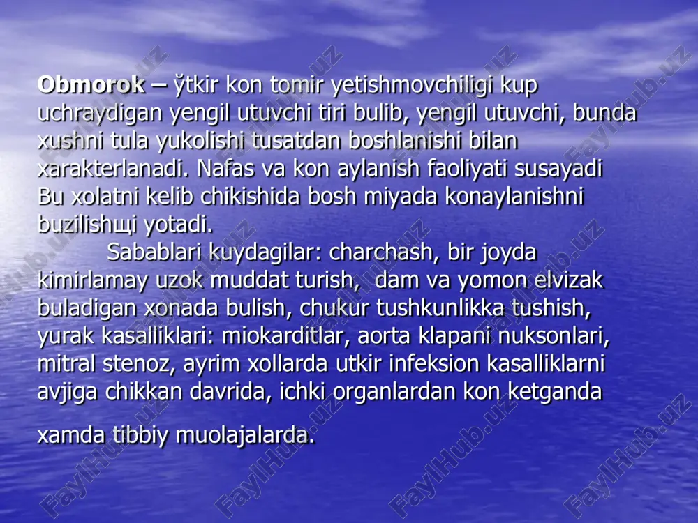 lardan ozod kilinadi, toza xavo bilan nafas oldiriladi, issik grelka kuyib isitiladi, etil yoki kamfora spirti xidlatiladi. bosh miyaga kon okishini yaxshilash maksadida boshni past kilib yotkiziladi. bemor xushiga kelmasa kofein, kamfora eritmalari in’eksiya kilinadi • adrenalin –0,1% - 0,2 dan 1ml. gacha teri ostiga, efidrin gidroxlorid 5% - 0,2 – 0,5 ml., noradrenalin 0,1% mumkin bulsa, 1ml., 250 ml 5% glyukoza eritmasi v/i tomchilab 50 – 60 tomchi 1 minutda a/b nazorati ostida yuboriladi. • mezaton 1% eritmasi teri ostiga 0,3 – 1 ml. 1 yoshiga kon sirkulyatsiyasini yaxshilash uchun plazma urnini bosuvchi suyukliklar: reopolyuglyukin, nacl ni izotonik eritmasi, urtacha 20 ml./kg sutkada, prednizolon 1 – 2 mg/kg sutkada, v/i yoki m/i. metobolik atsidozni korreksiya kilish maksalila natriy 4%li 5ml/kg gidrokarbonat yuboriladi. shok. shok deganda xayotni sistemalar funksiyasini tusatdan progressiv pasayib ketishi tushinilib uning kelib chikishiga mikrotsirkulyatsiya bilan tukimalarni kislorodga tuyishishning nomutonoslibligi sabab buladi. shok sabablari: travmvtik shok. - …