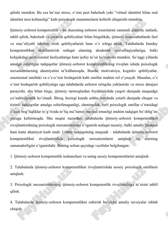 a ularning ijtimoiy muhitda muvaffaqiyatli integratsiyalashuvi uchun asos bo’lib xizmat qilishi kutilmoqda. shuningdek, bu ish ta’lim muas sasalari va psixologik xodimlarga talabalarning ijtimoiy-axborot kompetentligini rivojlantirishda qo’llanilishi mumkin bo’lgan samarali usullarni aniqlashda yordam beradi. vigotskiy ning nazariyasiga ko’ra, bolalar ijtimoiy o’zaro ta’sir orqali o’rganadilar va rivojlanadilar. ular kattalar yoki tajribali tengdoshlar bilan muloqot qilish orqali yangi bilim va ko’nikmalarni egallaydilar. ryan,r.m. bolalarning miyasining rivojlanishi va fikrlash qobiliyatlarining bosqichma-bosqich o’sishini ta’kidlagan. u bilish jarayonlarini faol kon struktiv jarayon deb hisoblagan .dewey ta’lim jarayonini amaliy tajriba va muammo yechish orqali samarali qilishni taklif qilgan. u ta’limning ijtimoiy va interaktiv bo’lishini ta’kidlagan. freire ta’limni o’quvchilarning tanqidiy fikrlashini rivojlantirish va ularni ijtimoiy o’zgarishlarga hissa qo’shishga tayyorlash vositasi deb hisoblagan. gardner intellektni bir nechta mustaqil qobiliyatlar sifatida ko’radi, masalan, mantiqiy-matematik, til, vizual-makiyaviy va boshqalar. banduraning naz ariyasiga ko’ra, insonlar ijtimoiy o’zaro ta’sirlar orqali o’rganadilar. ular boshqalarni kuzatish, na muna olish va o’rganilgan bilim va ko’nikmalarni o’zlashtirish …