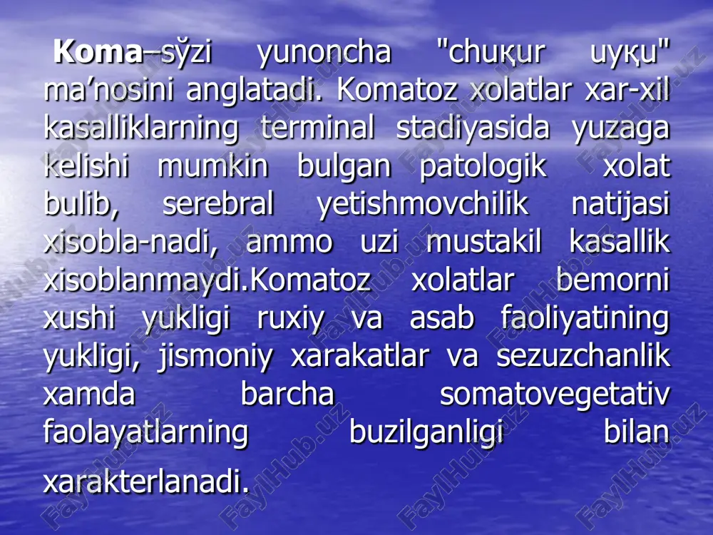 oshkalar. umuman olganda xozirgi kunda miya shishini keltirib chikaruvchi patologik omillar 2 gruxga bulinadi; - tomir omili, - tukima yoki parenximatoz omillar. klinikasi va klassifikatsiyasi. koma–mns faoliyatini murakkab buzmlishi bilan kechuvchi patologik xolat bulib, bemorning xushi va reflekslarni yukligi xamda xaet uchun ea-rur organlar faoliyatini buzilishi bilan xarakterlanuvchi va xar xil kli-nik formalarga ega ogir sindromlar yigindisidir.komatoz xolatlar etolo-gik va patogenetik omillarning ta’sir turiga va komani rivojlanishiga karab «asta-sekin» va «jadal» yuzaga kelishi mumkin. 1) serebral yoki nevrologik komalar; 2) samotogen komalar. 1978 yilda komatoz xolatlarni uch xil turini fark kilish taklif kiliindi: 1- serebral yoki nevrologik komalar, bu turdagi komalar bosh miyani uzini tugridan-tugri jaroxatlanishi, yalliglanishi, miya usmasi epilepsiya tufayli yuzaga keladi. 2- gipogidrotatsiya bilan kechuvchi somatogen komalar, bu turdagi komalarga, diabetik, uremik, tireotoksik, gipoxloremik va buyrak usti bezini yetishmovchiligi xisobtga yuzaga keluvchi komalar karadi; 3-gipogidrotatsiyasiz kechuvchi somatogen komalar, bu turdagi komalar-ga, gipoglikemik, anemik, gipo yoki giertermik, jigar yetishvchiligi …